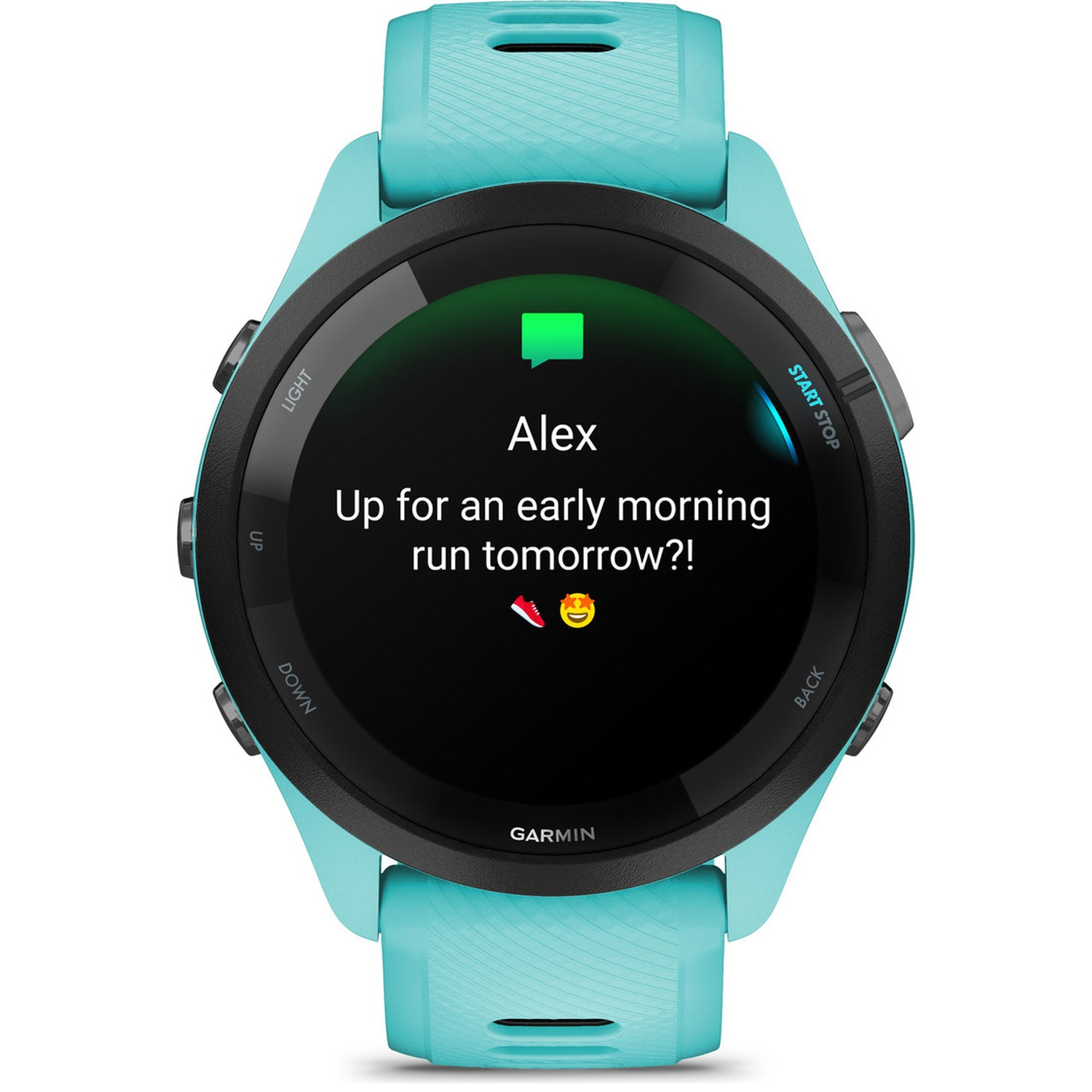 A turquoise Garmin watch displays a message from Alex about an early morning run.