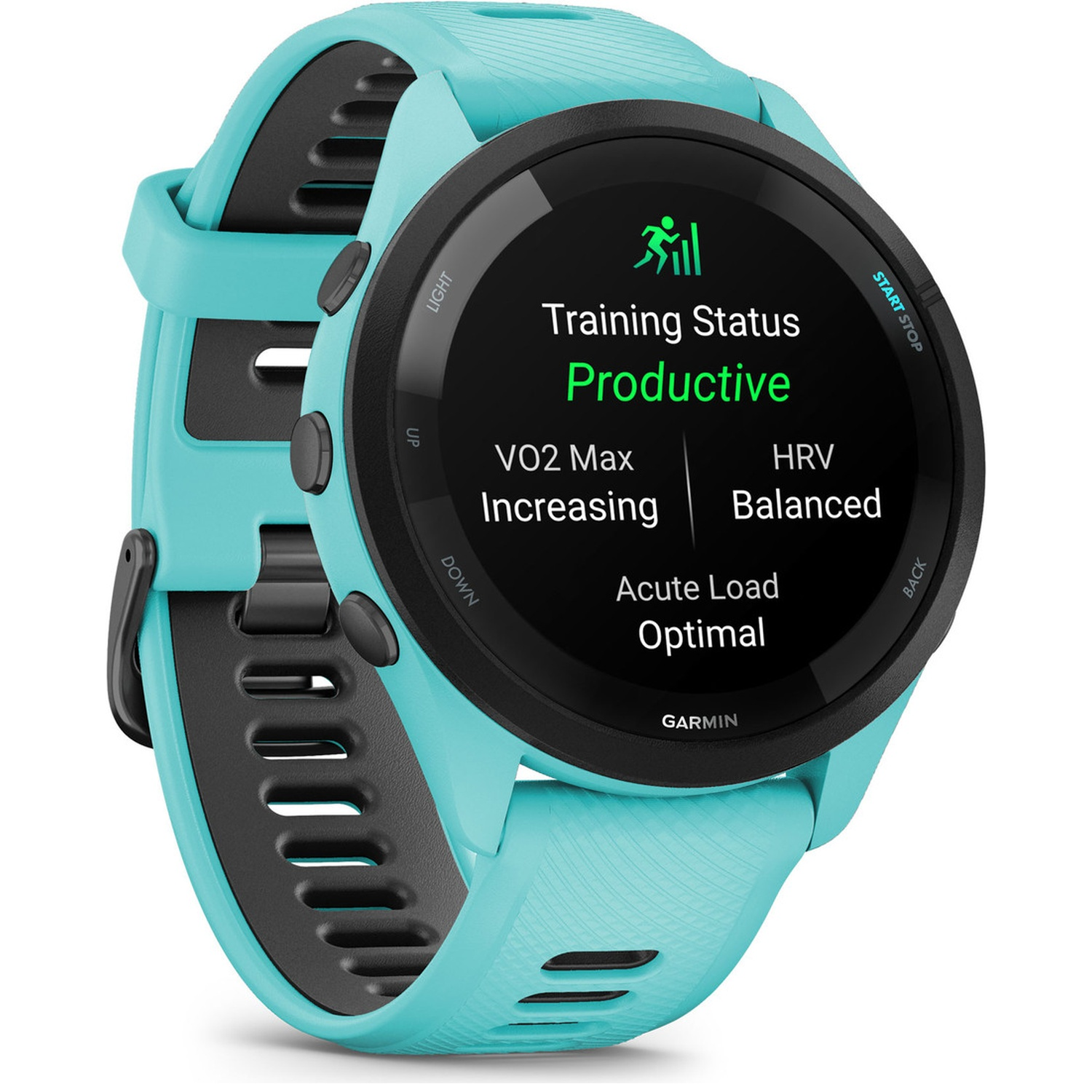 A cyan Garmin smartwatch shows 'Training Status: Productive' on its screen.