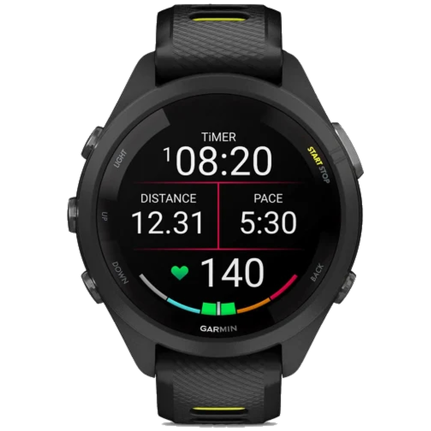 Montre connectée Garmin noire affichant minuterie, distance, allure et fréquence cardiaque.