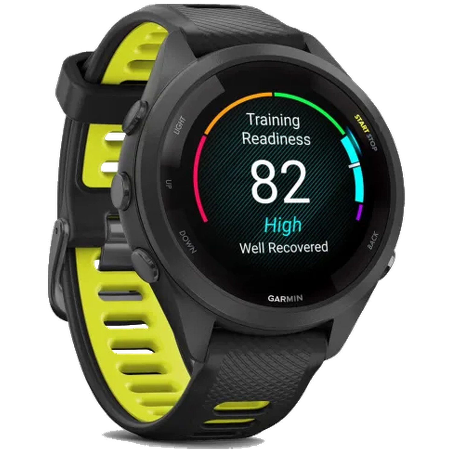 Montre connectée Garmin noire avec accents jaunes affichant un score 82.