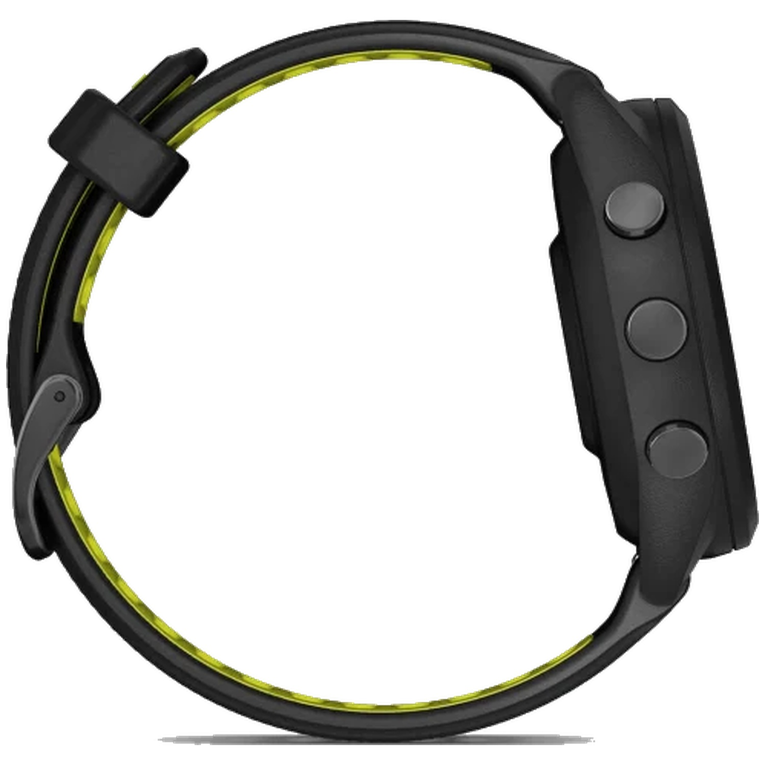 Montre connectée noire avec accent jaune, vue latérale avec boutons.