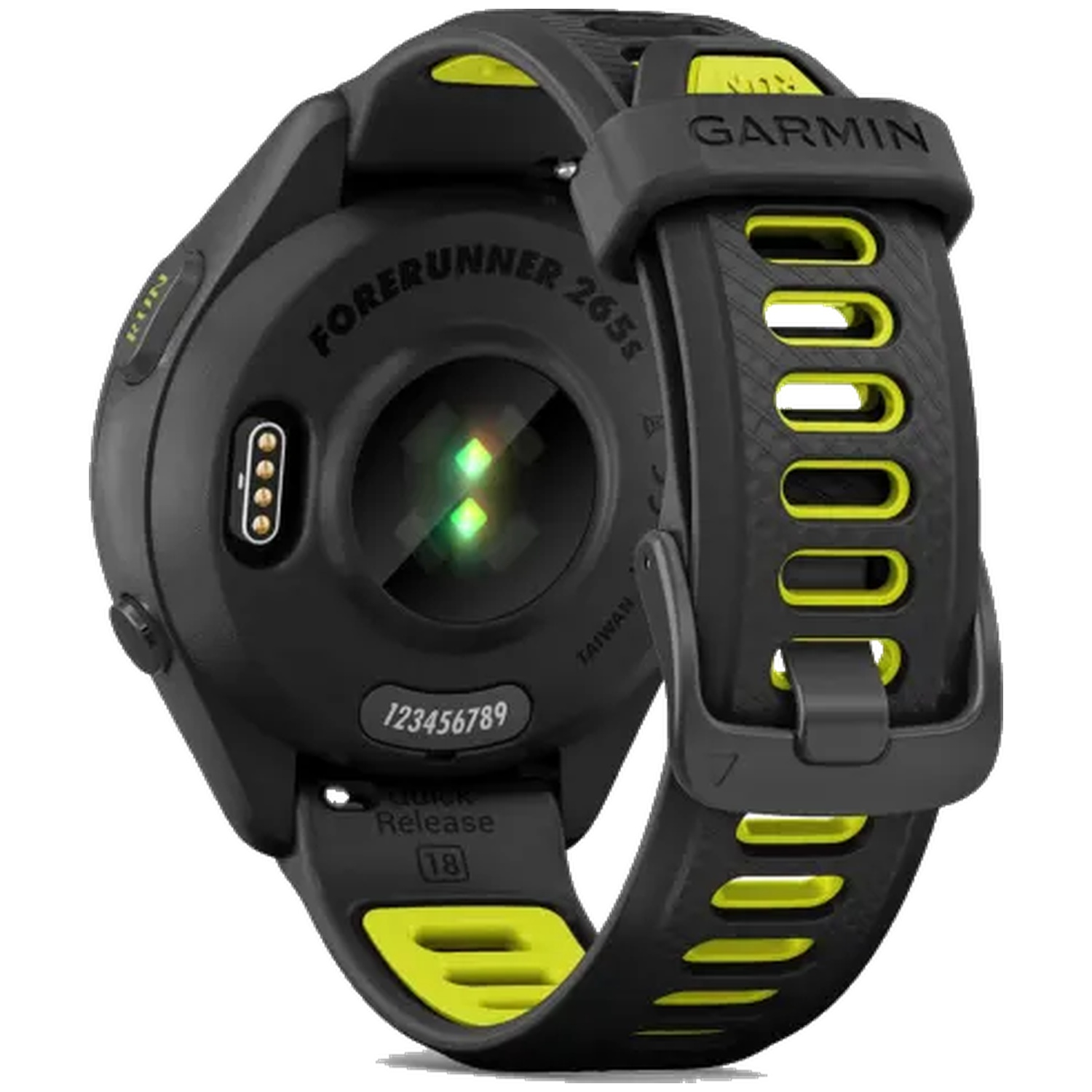 Montre connectée Garmin Forerunner 265s noire avec accents jaunes et capteur cardiaque.