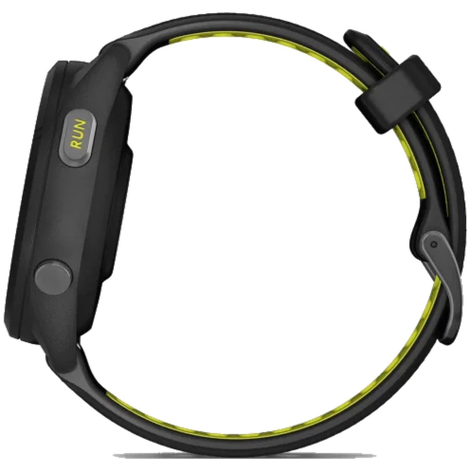 Montre de sport noire avec accent jaune sur le bracelet et bouton 'RUN'.
