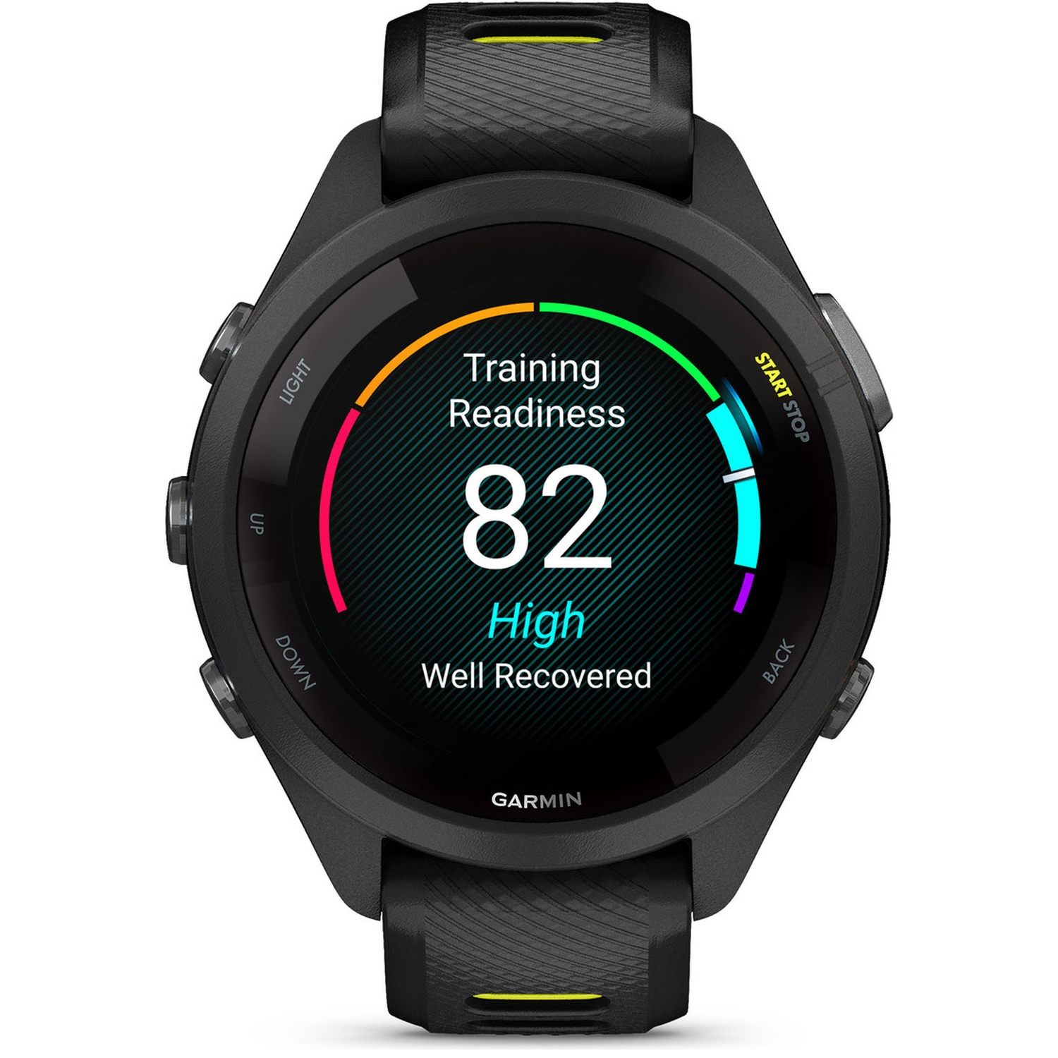 Montre connectée noire affichant un score de 82.