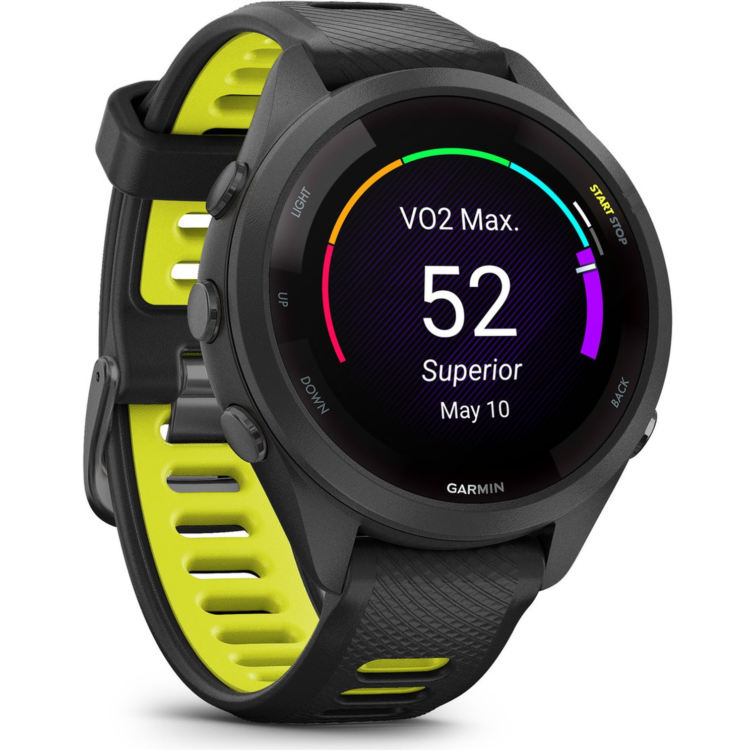 Montre de sport Garmin noire avec accents jaunes, affichant VO2 Max 52.