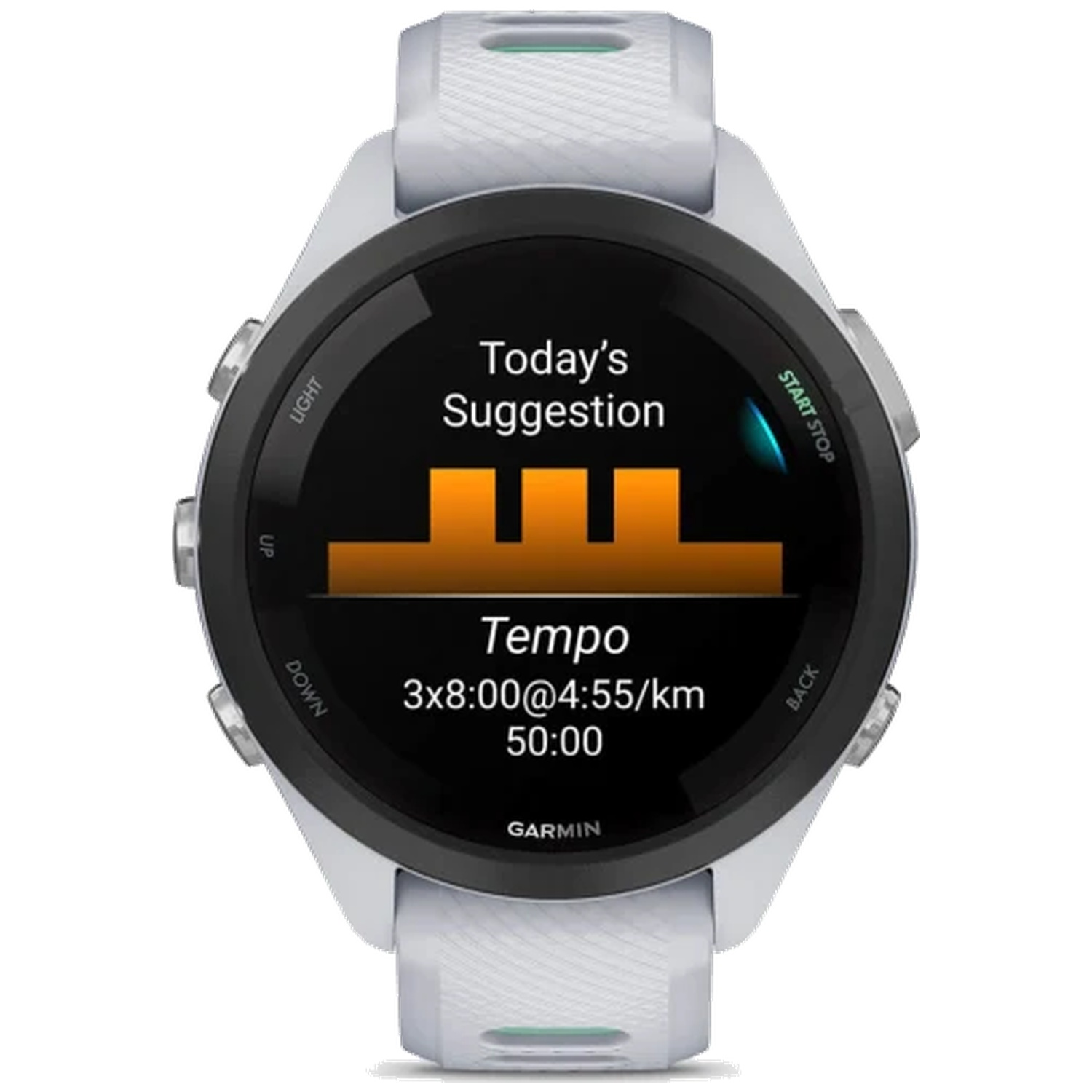 Montre Garmin affichant 'Suggestion du jour : Tempo 3x8:00@4:55/km 50:00'.
