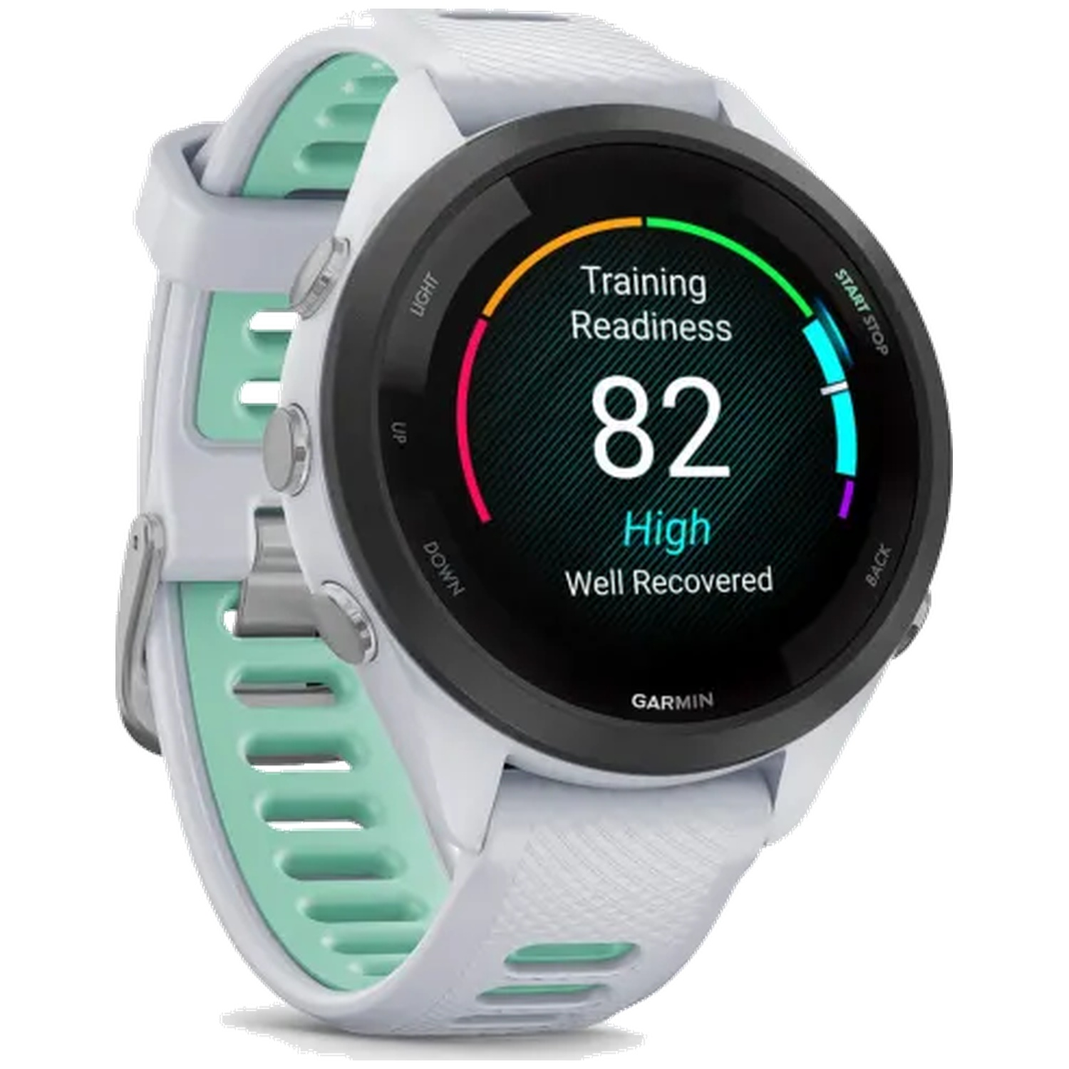 Montre Garmin blanche avec accents vert menthe, affichant un score de préparation de 82.