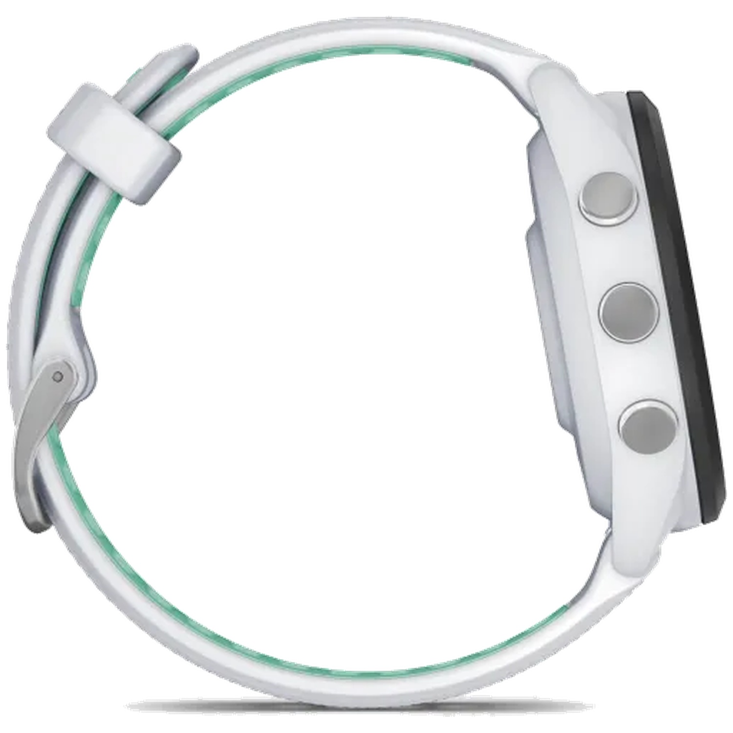 Montre connectée blanche avec accent vert, vue latérale avec boutons.