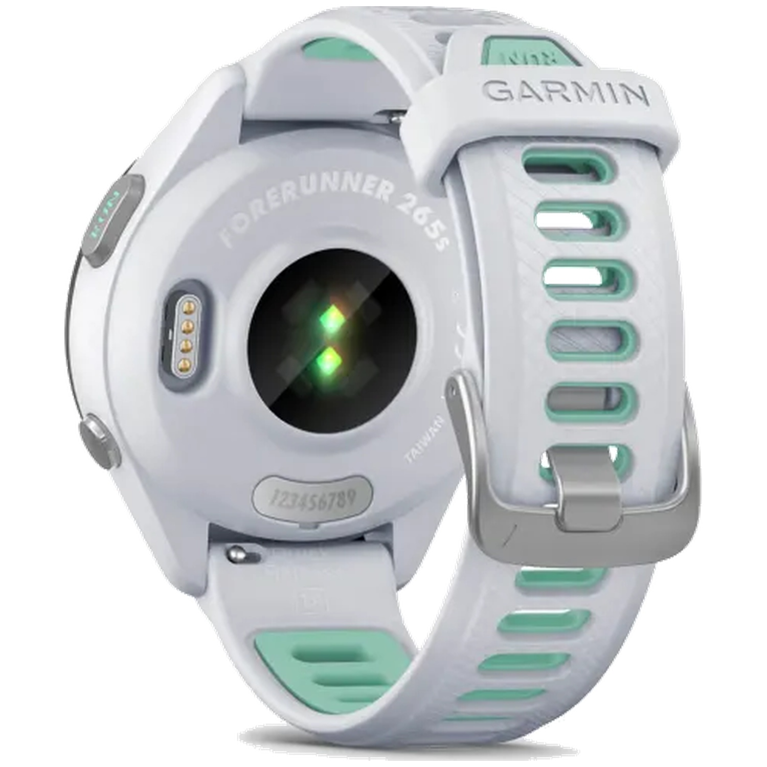 Montre connectée Garmin Forerunner 265s blanche avec accents vert menthe et capteur cardiaque.