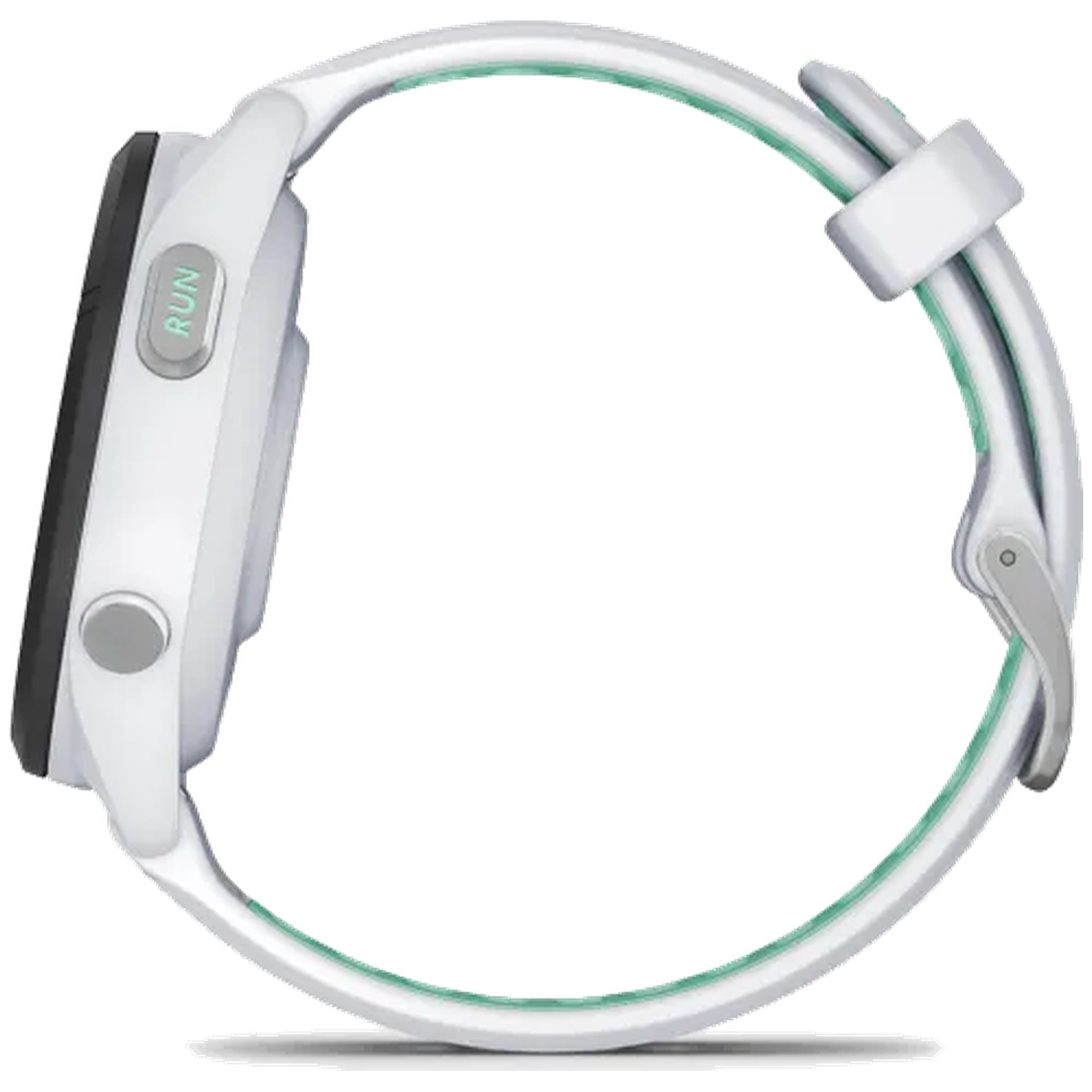 Montre de sport blanche avec accent vert et bouton RUN.