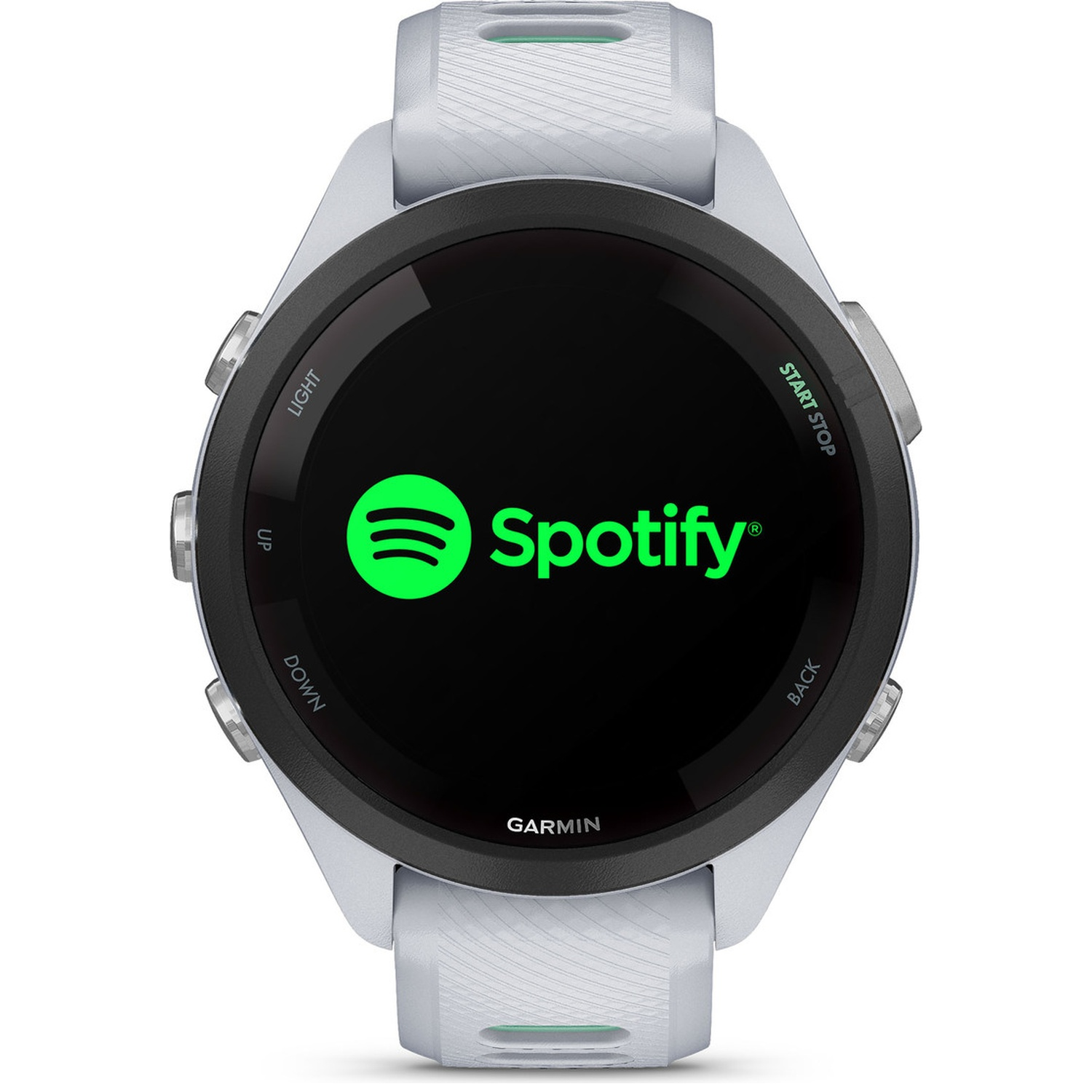 Une montre connectée Garmin gris clair affiche le logo et le texte Spotify sur son écran noir.