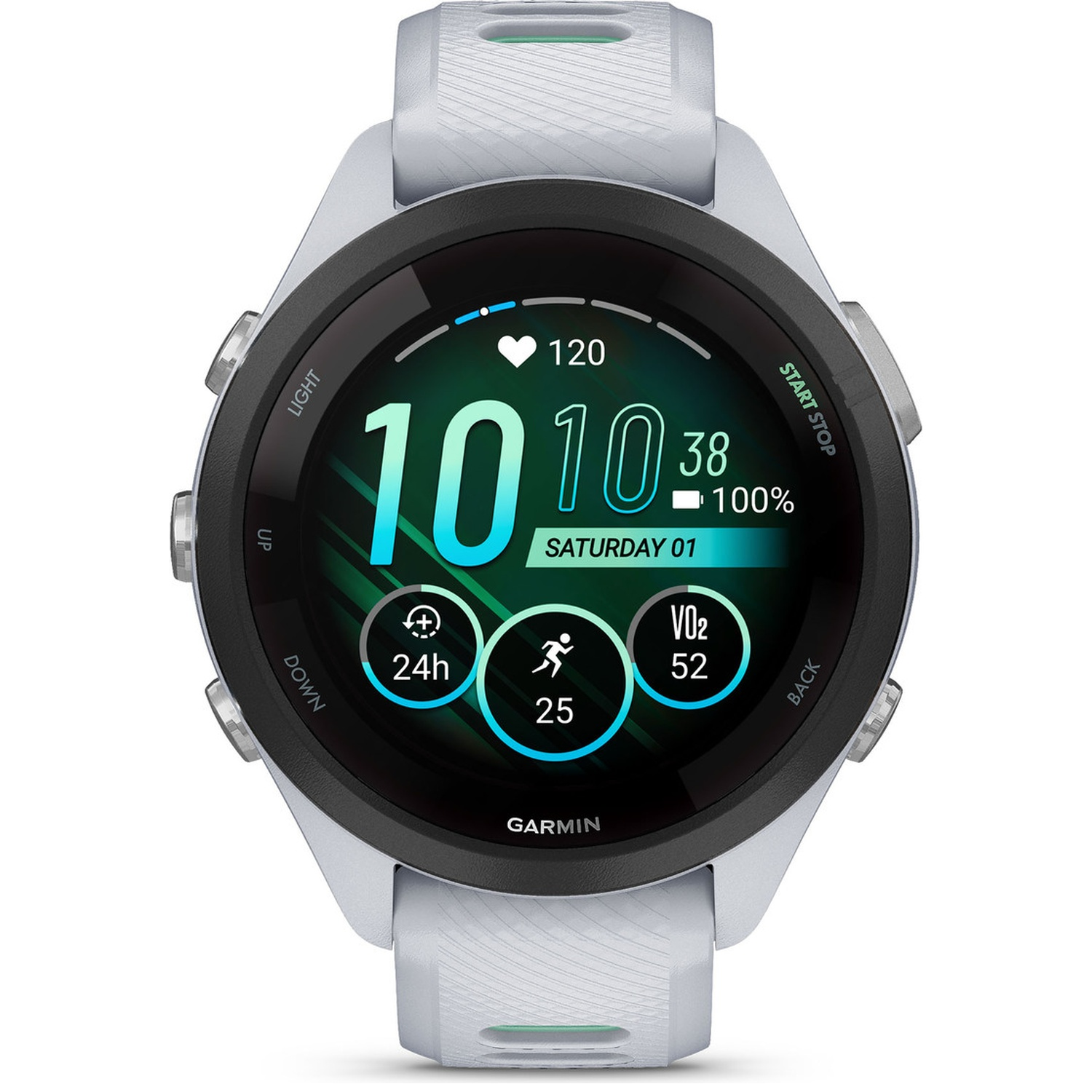 Une montre connectée Garmin grise avec écran vert affiche l'heure, la fréquence cardiaque, les pas et la VO2 max.
