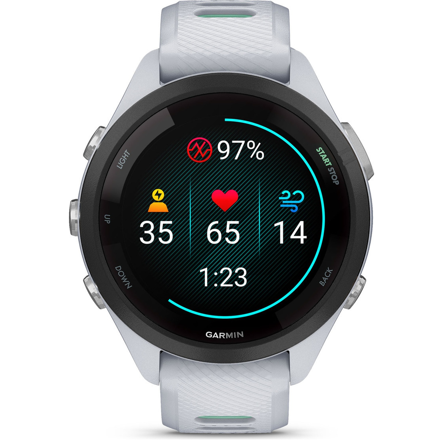 Une montre connectée grise affiche la fréquence cardiaque et les données d'entraînement.