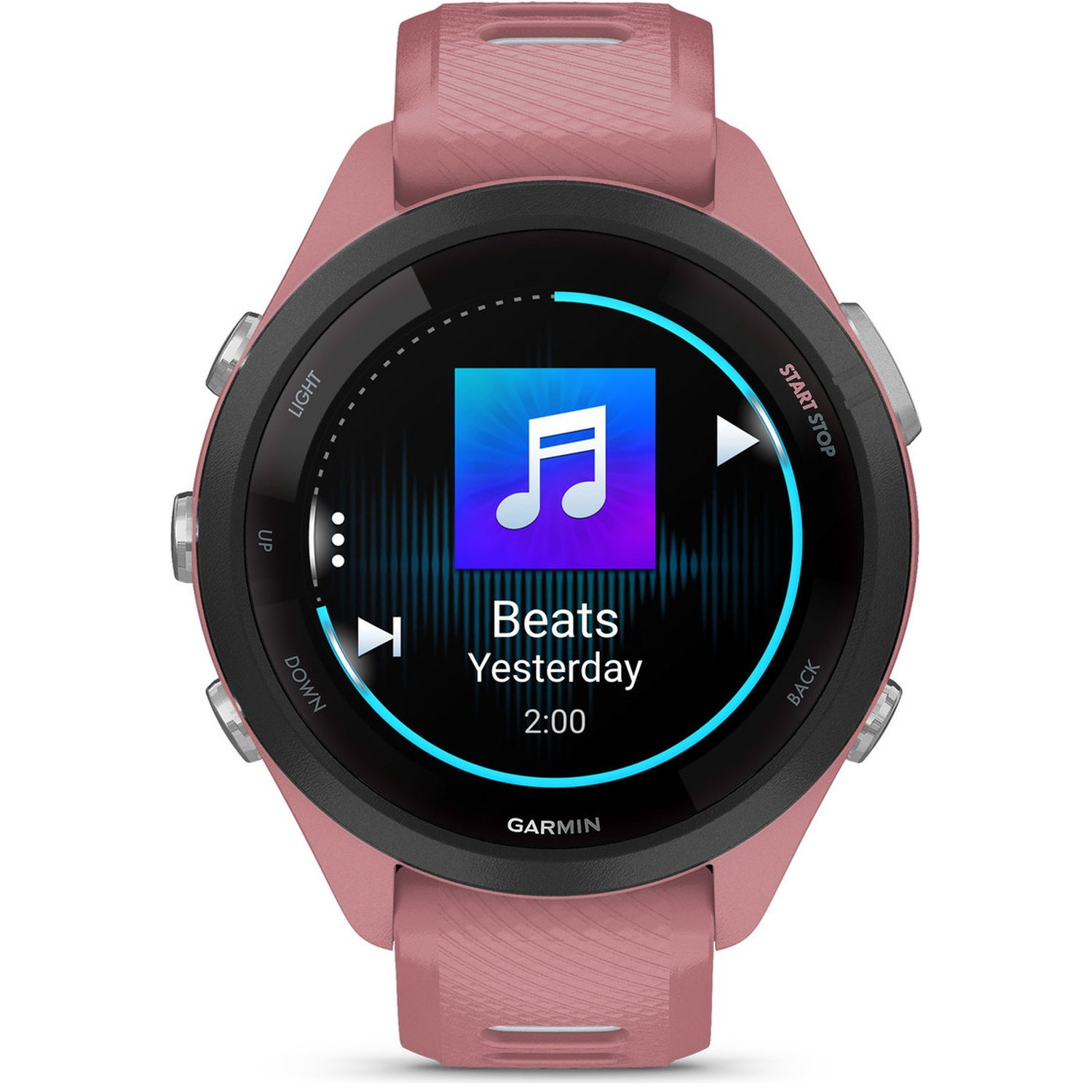 A rose-colored smartwatch displaying a music playback screen with a music note icon.