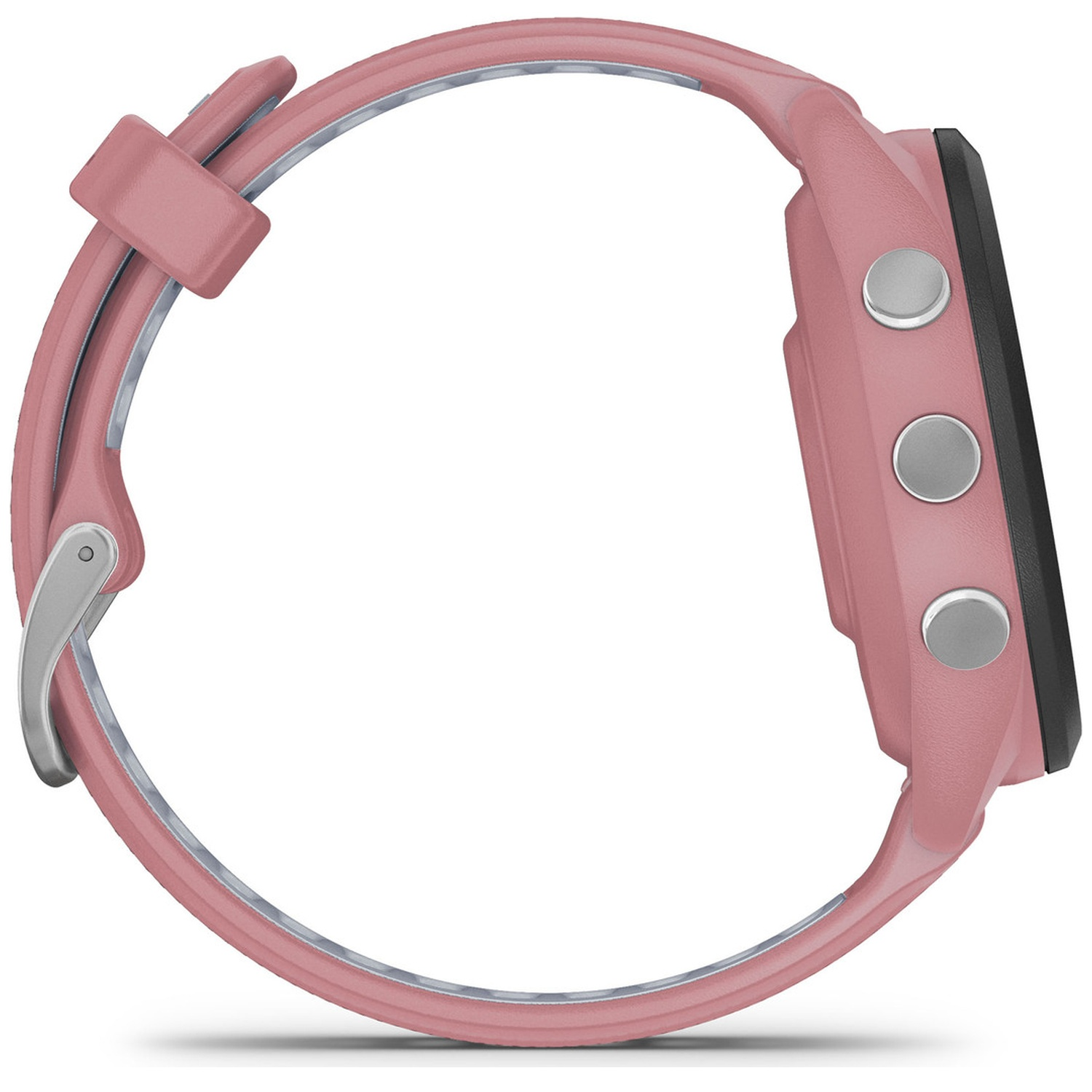 A pink smartwatch with silver buttons and a strap.