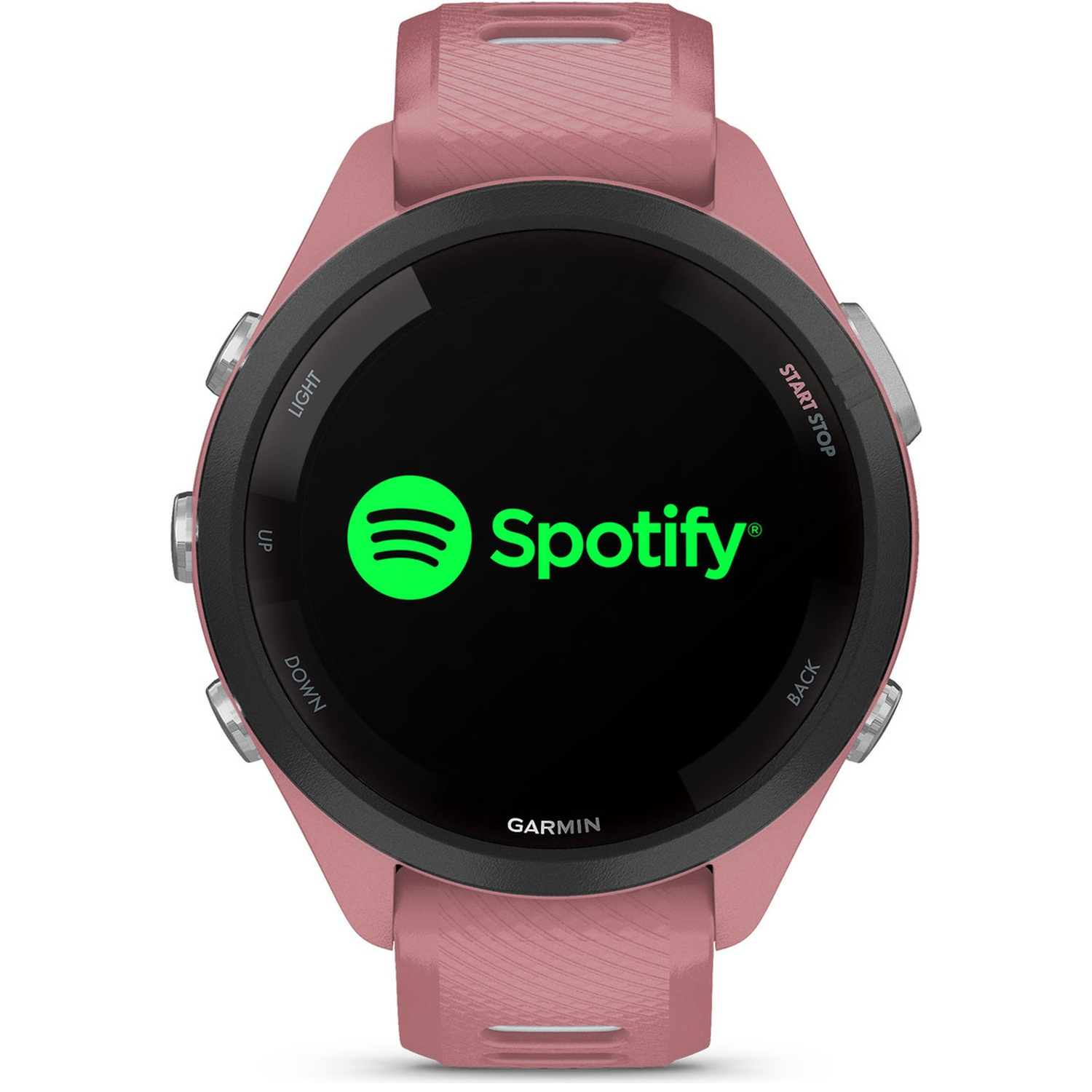 Pink Garmin smartwatch with Spotify logo on its dark screen.