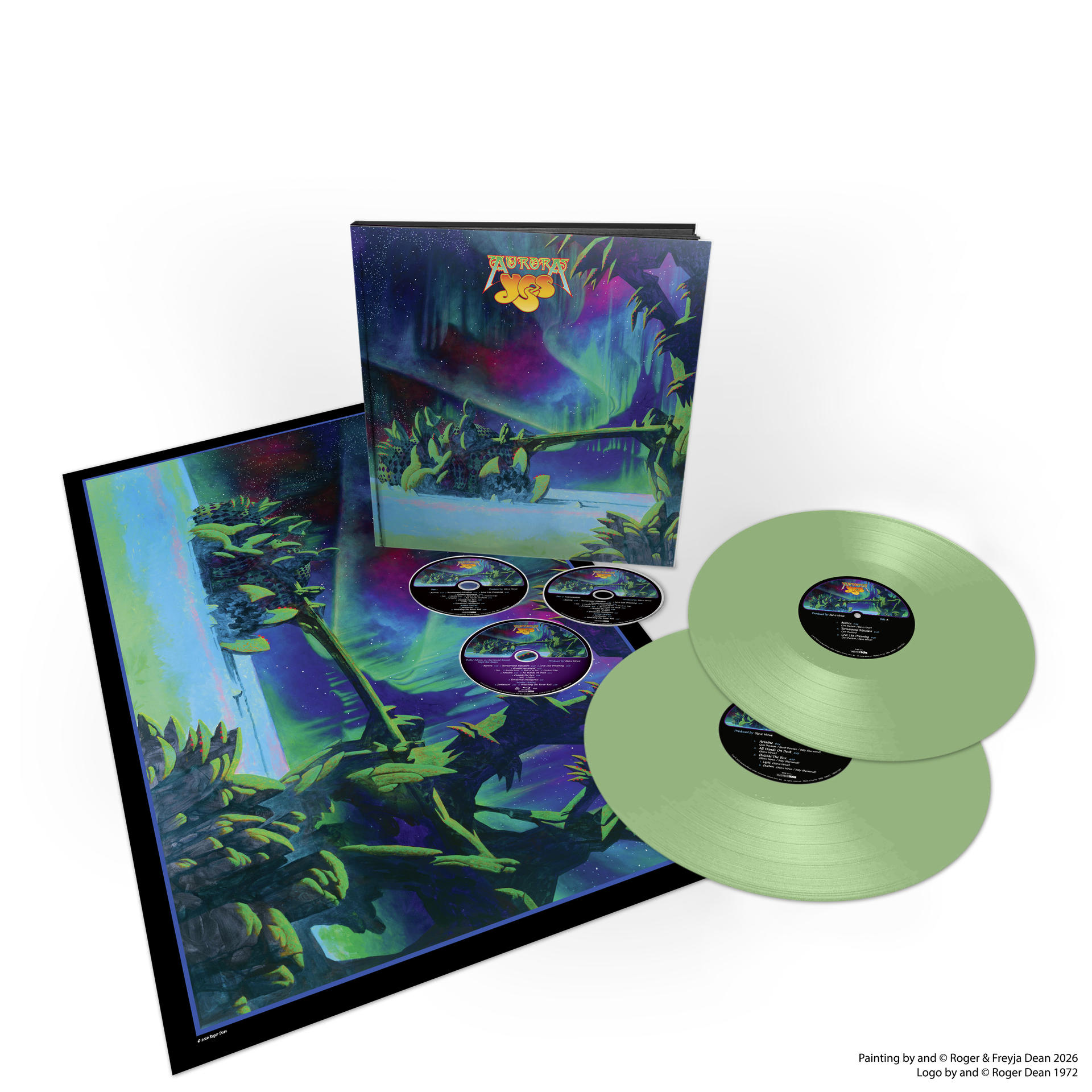 Albumcover, Poster, 3 CDs und 2 grüne Vinyl-Schallplatten mit Aurora-Motiv.