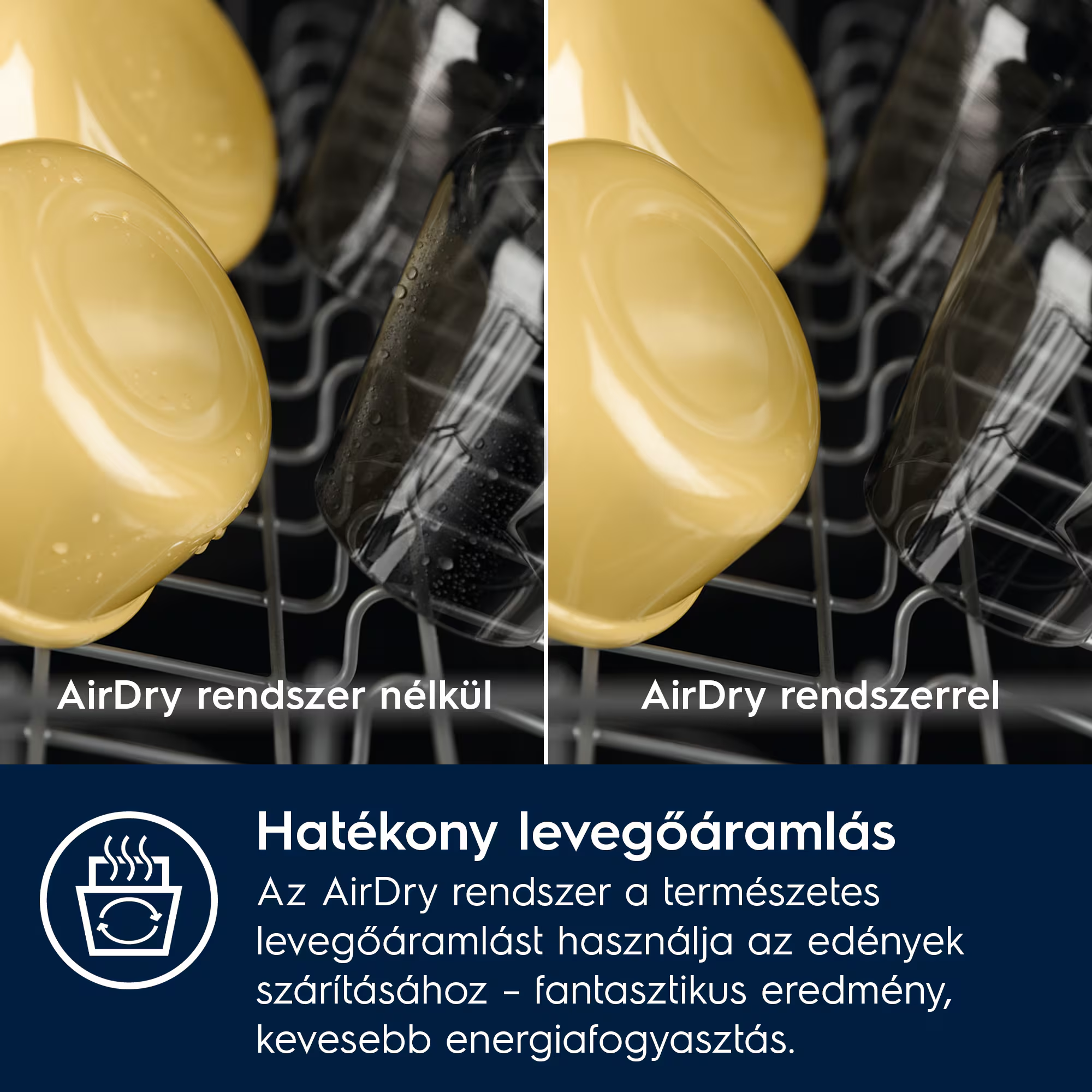 Edények összehasonlítása: bal oldalon AirDry nélkül (nedves), jobb oldalon AirDry-val (száraz).