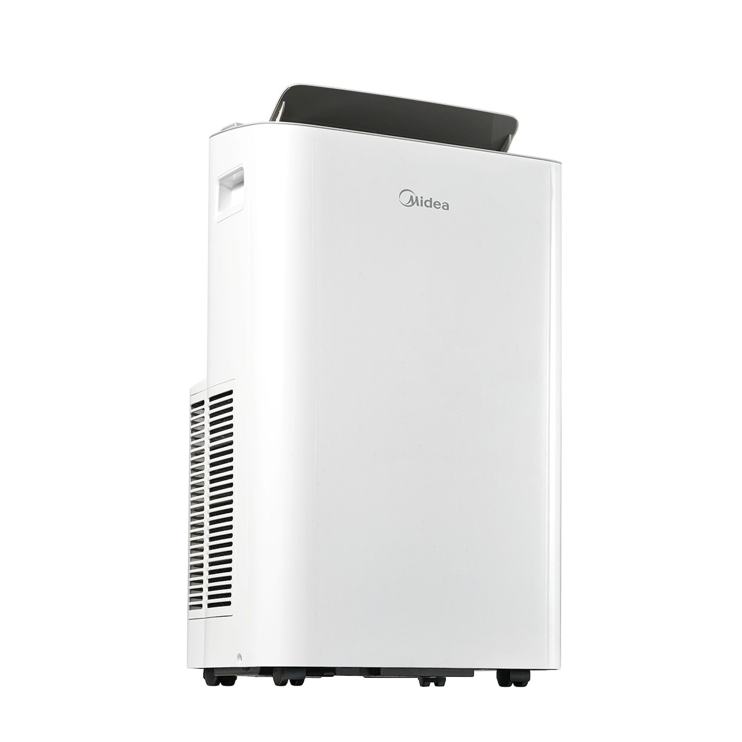 Una torre di condizionatore portatile bianca su ruote con logo Midea.
