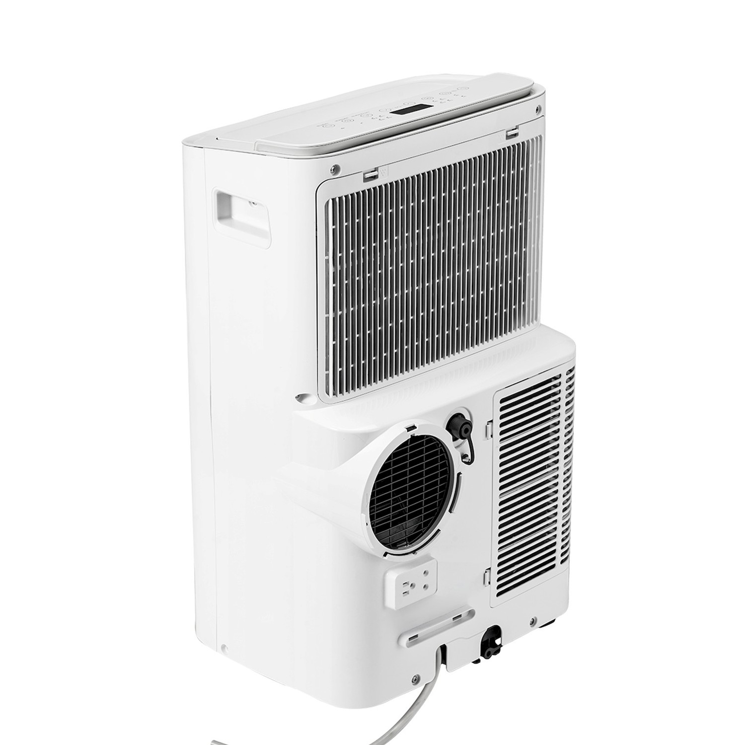 Unità di condizionamento portatile bianca con bocchette e attacco tubo sul lato.