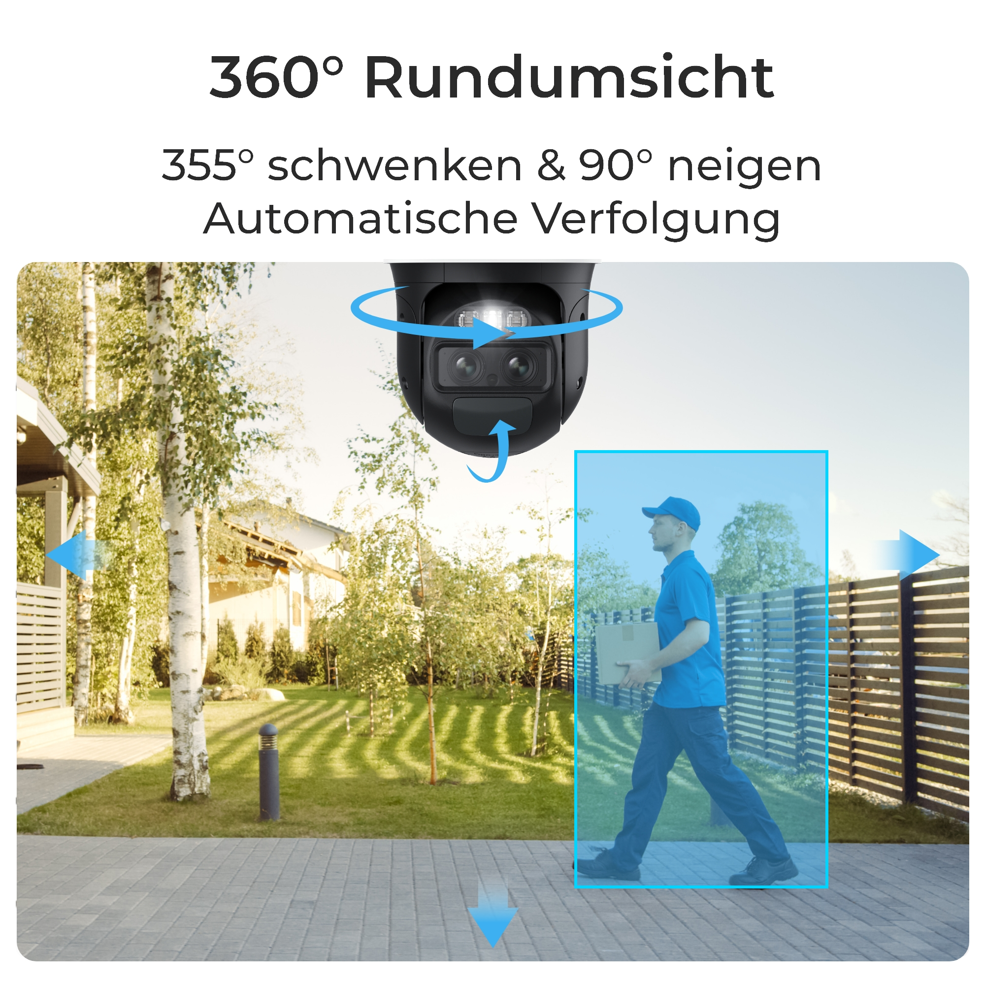 Überwachungskamera mit 360° Ansicht erfasst Lieferboten auf einem Grundstück.