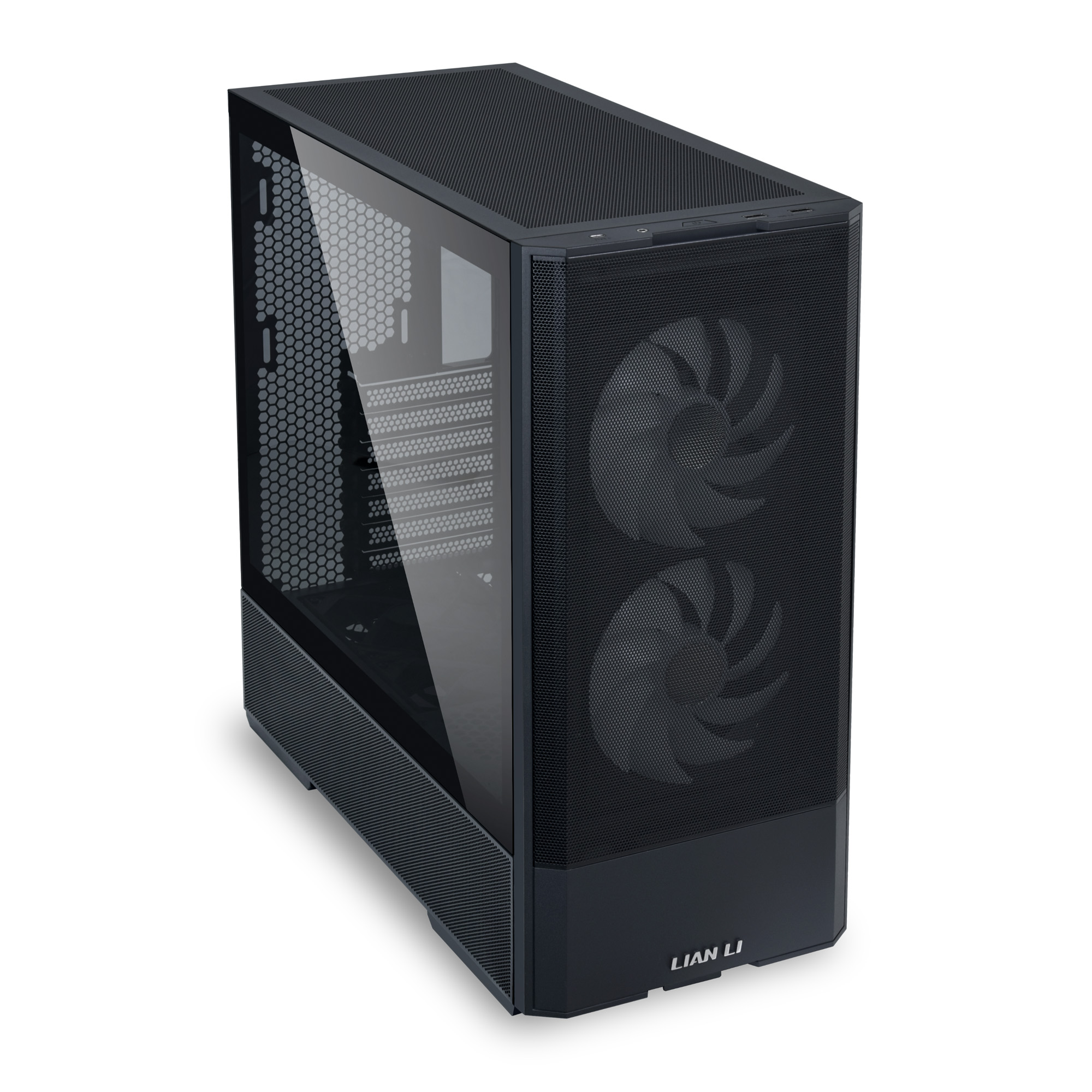 Schwarzes PC-Gehäuse mit Glasfront und zwei Lüftern.