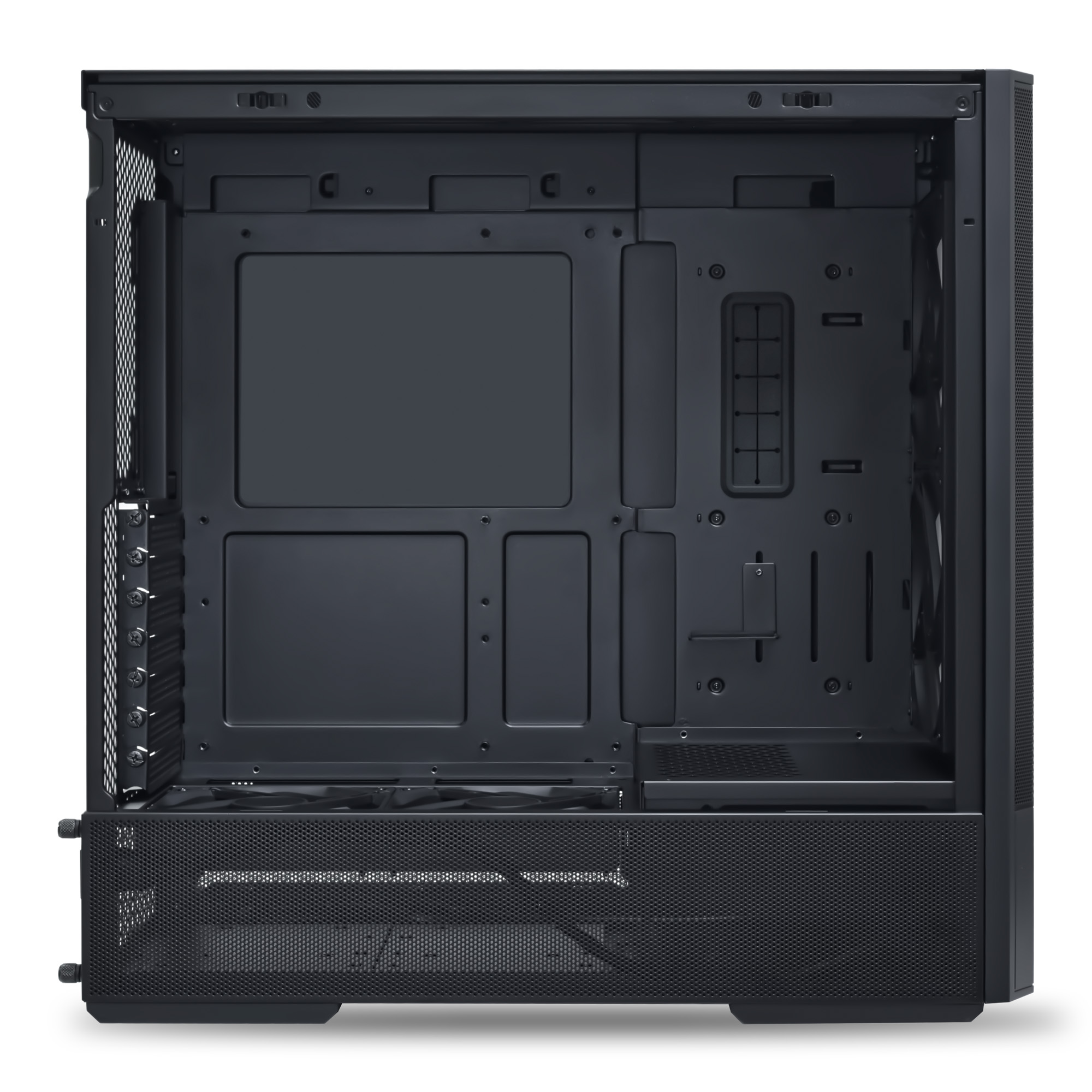 Ein schwarzes Computergehäuse, von vorne, mit offenen Seitenwänden, zeigt die internen Komponenten und Kabel.