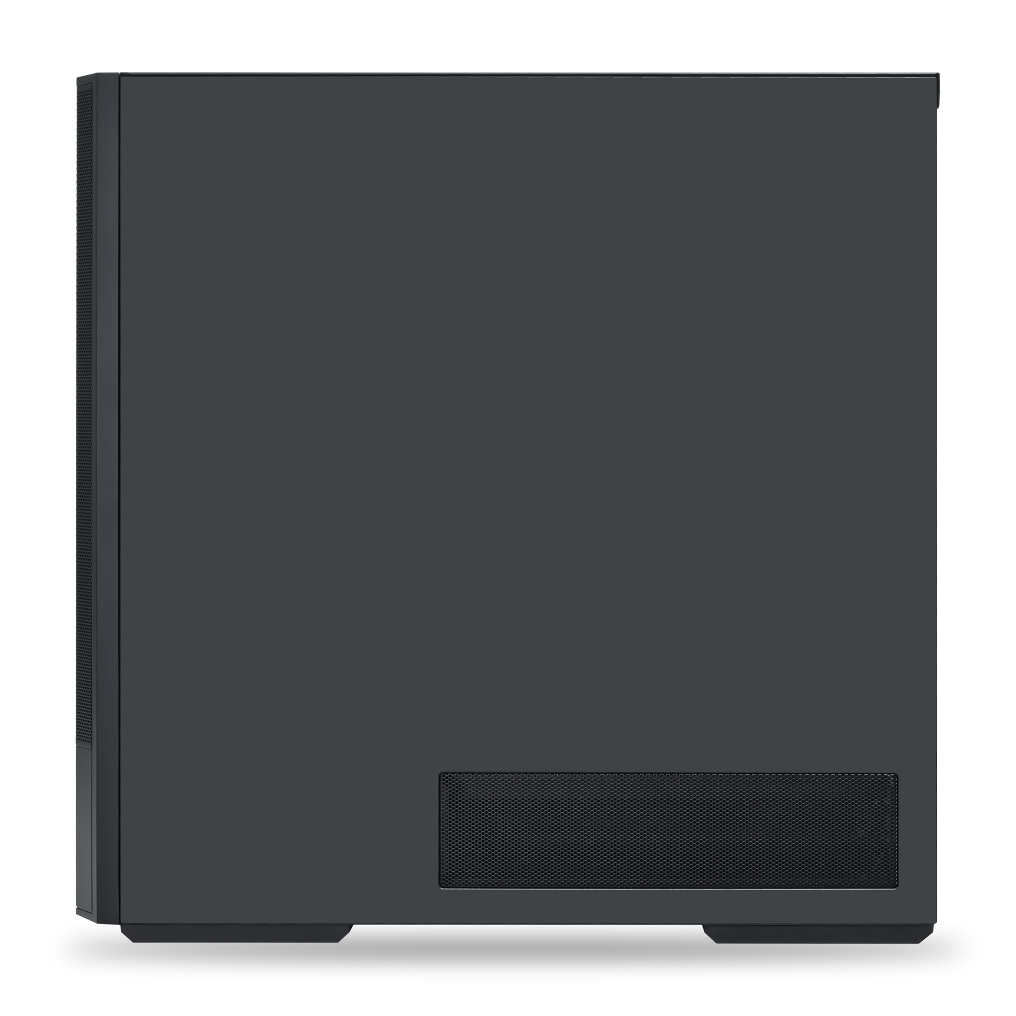 Dunkelgraues Computergehäuse mit Lüftungsgitter auf der Vorderseite.