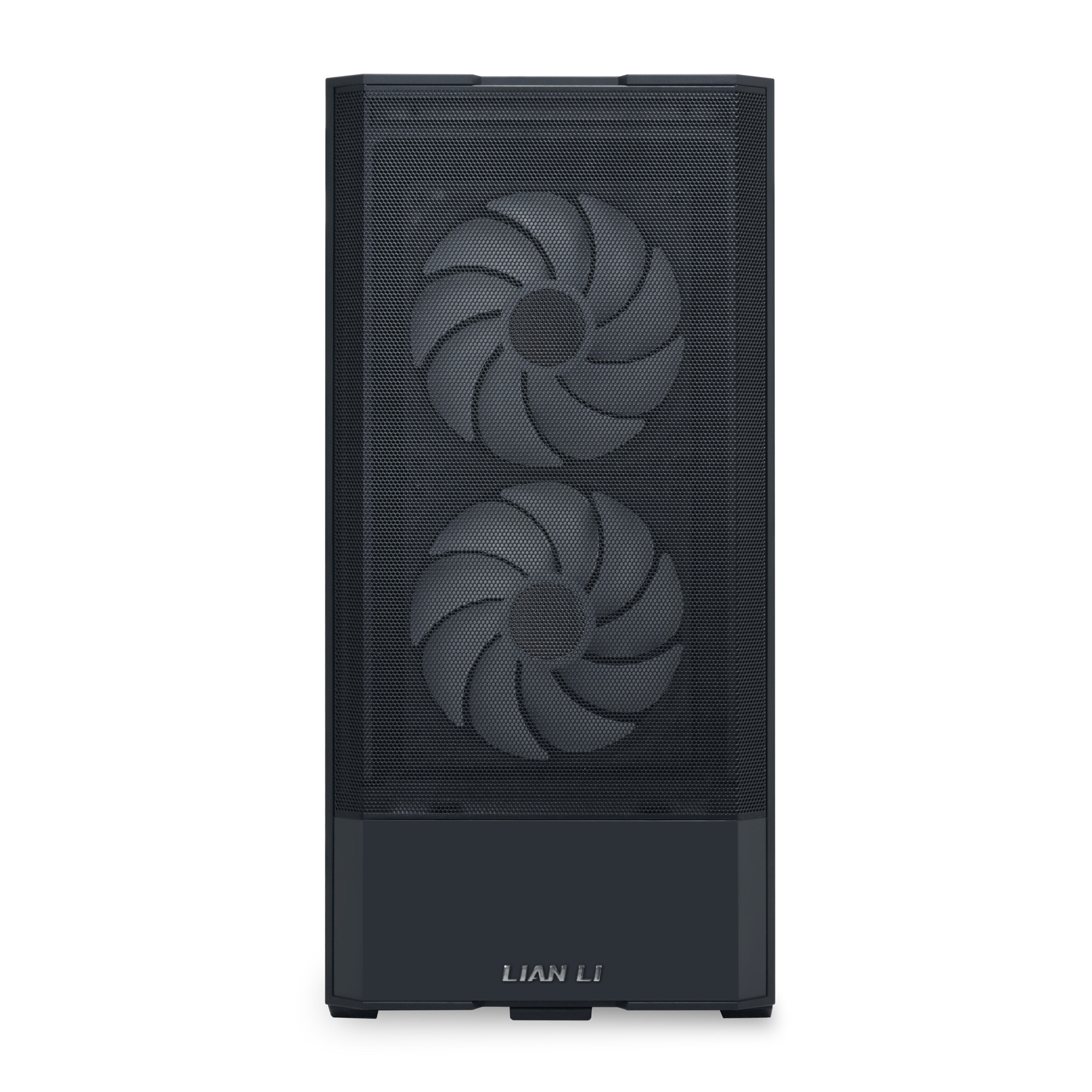 Schwarzes Computergehäuse mit Lüftern und LIAN LI Logo.
