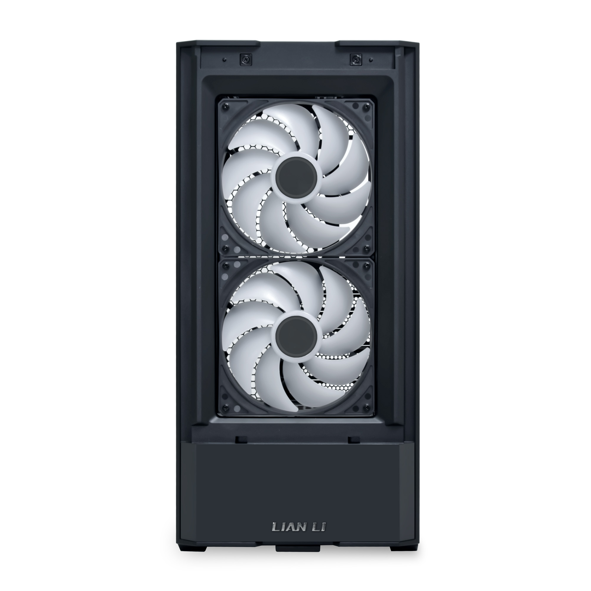 Ein schwarzes Computergehäuse mit zwei weißen Lüftern und dem Lian Li Logo.