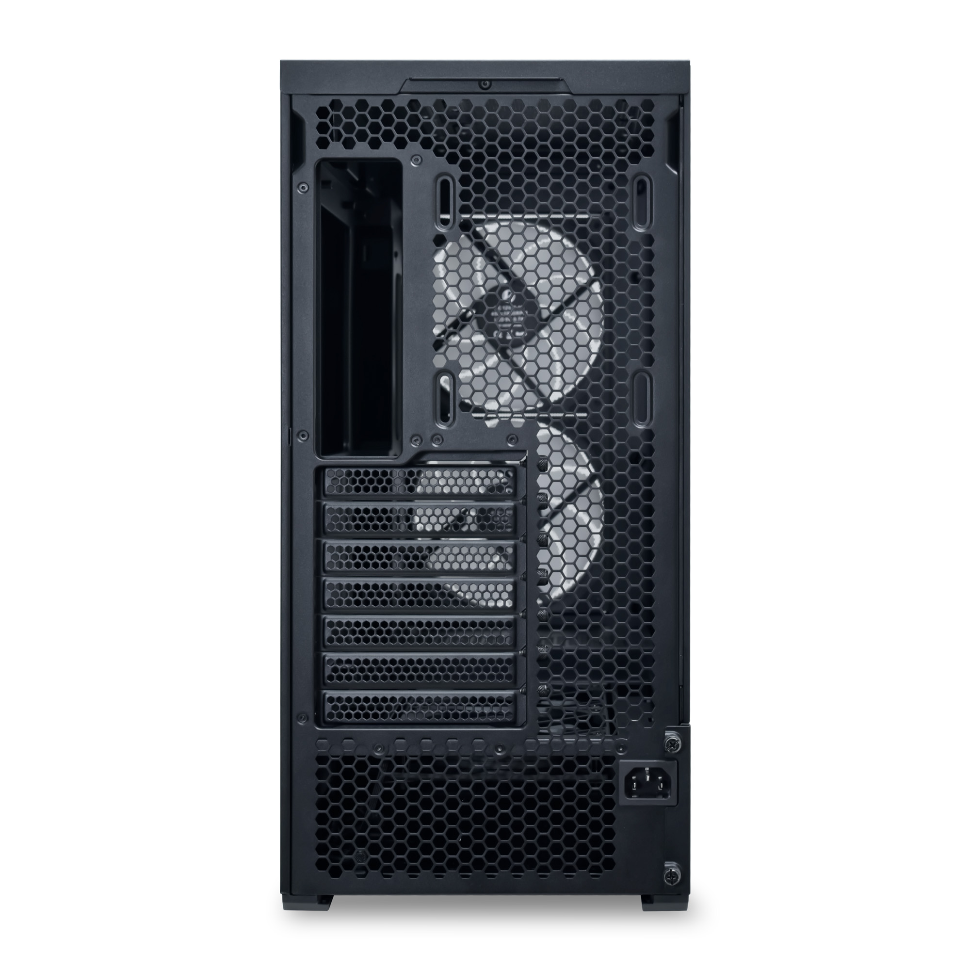 Rückseite eines schwarzen PC-Gehäuses mit Lüftern und Anschlüssen.