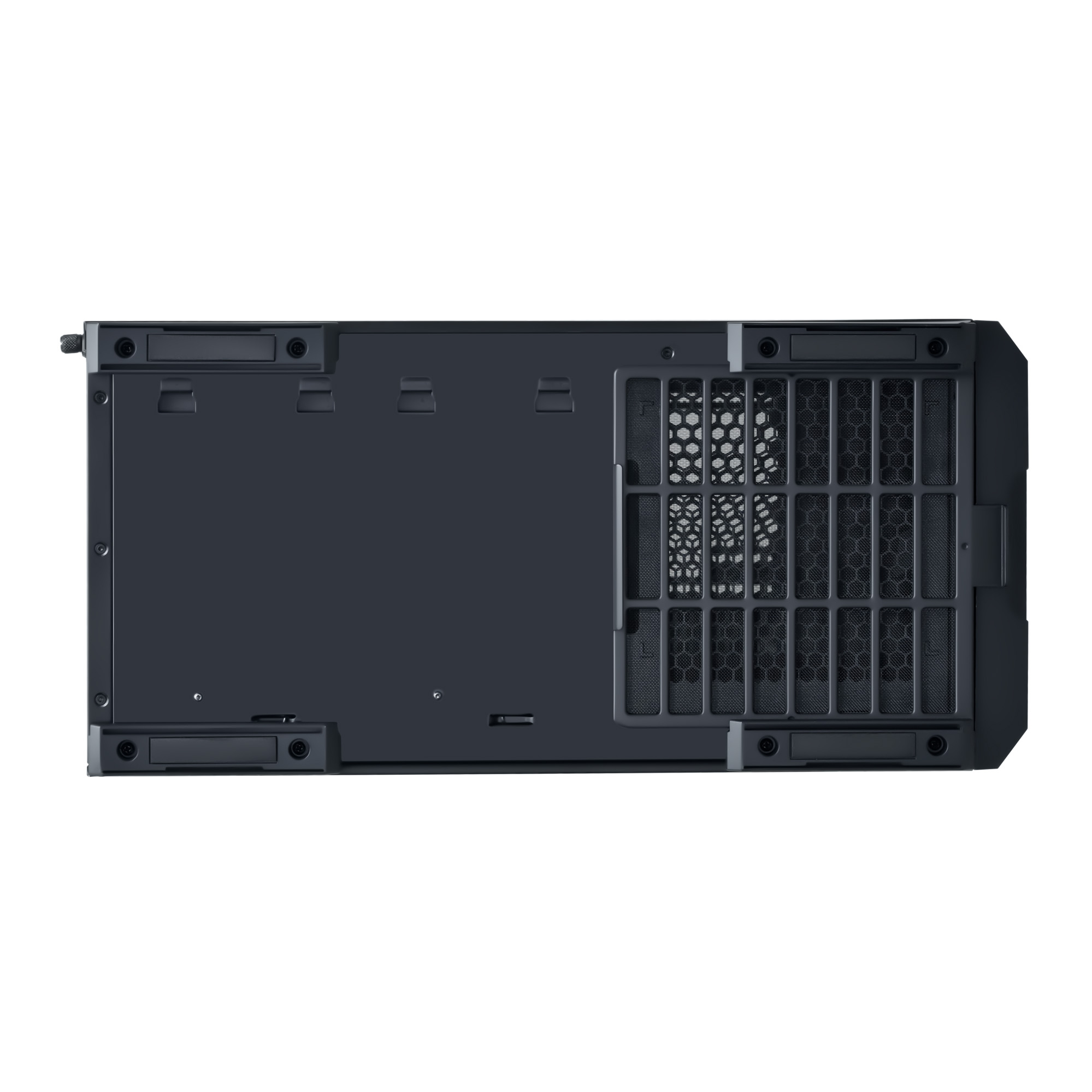 Dunkelgraues Computergehäuse von unten mit Lüftungsschlitzen und Schrauben.