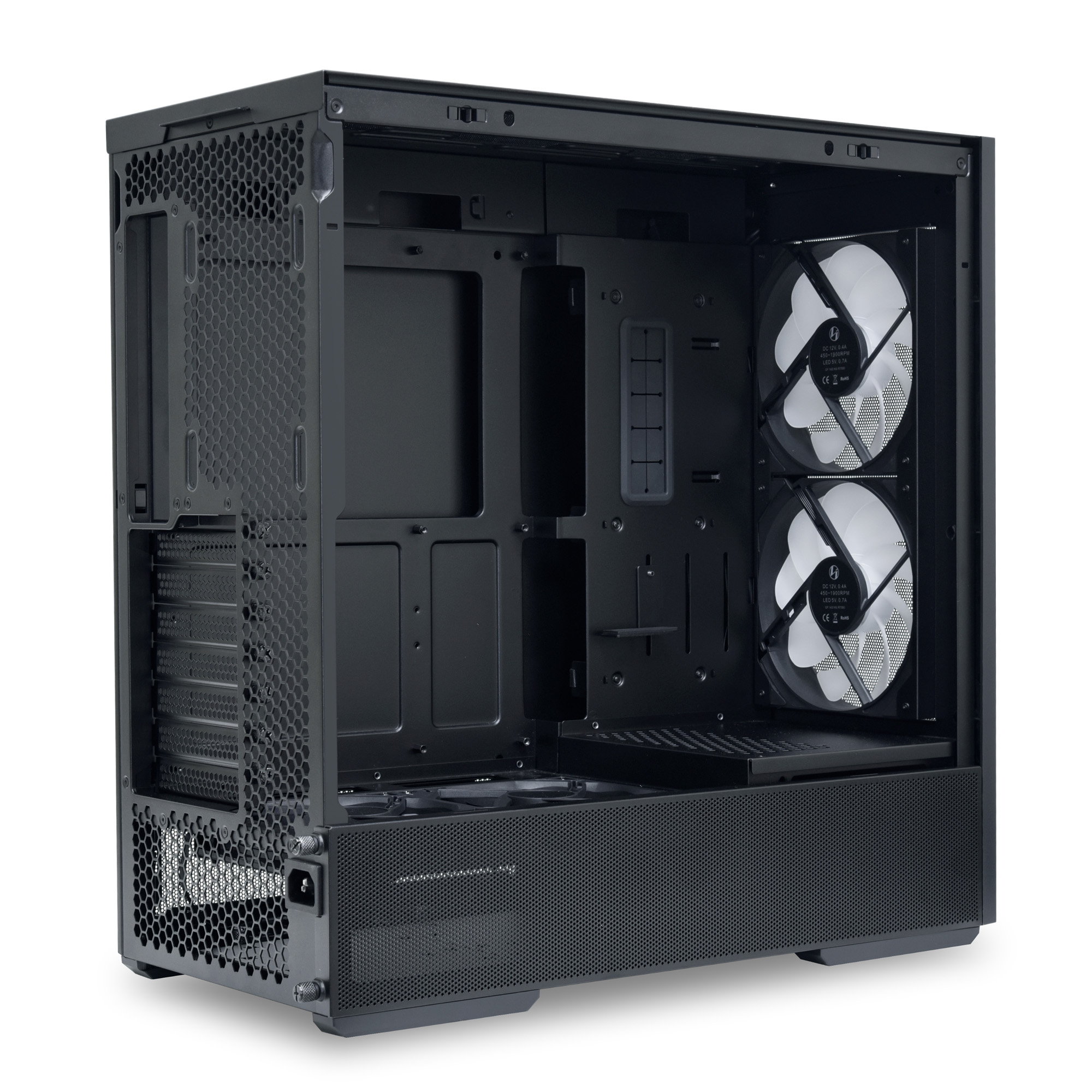 Schwarzes Computergehäuse mit zwei weißen Lüftern und Lüftungsgittern.