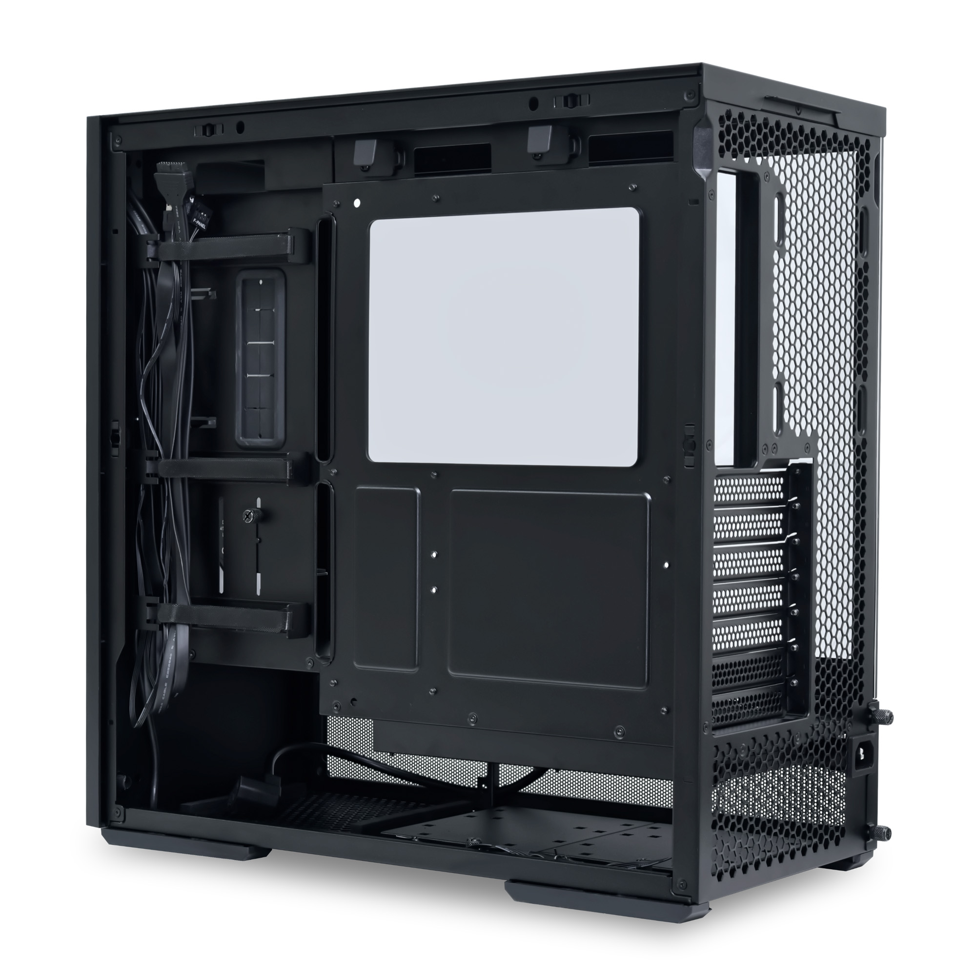Ein schwarzes Computergehäuse mit Kabelmanagement und Lüftungsgittern.