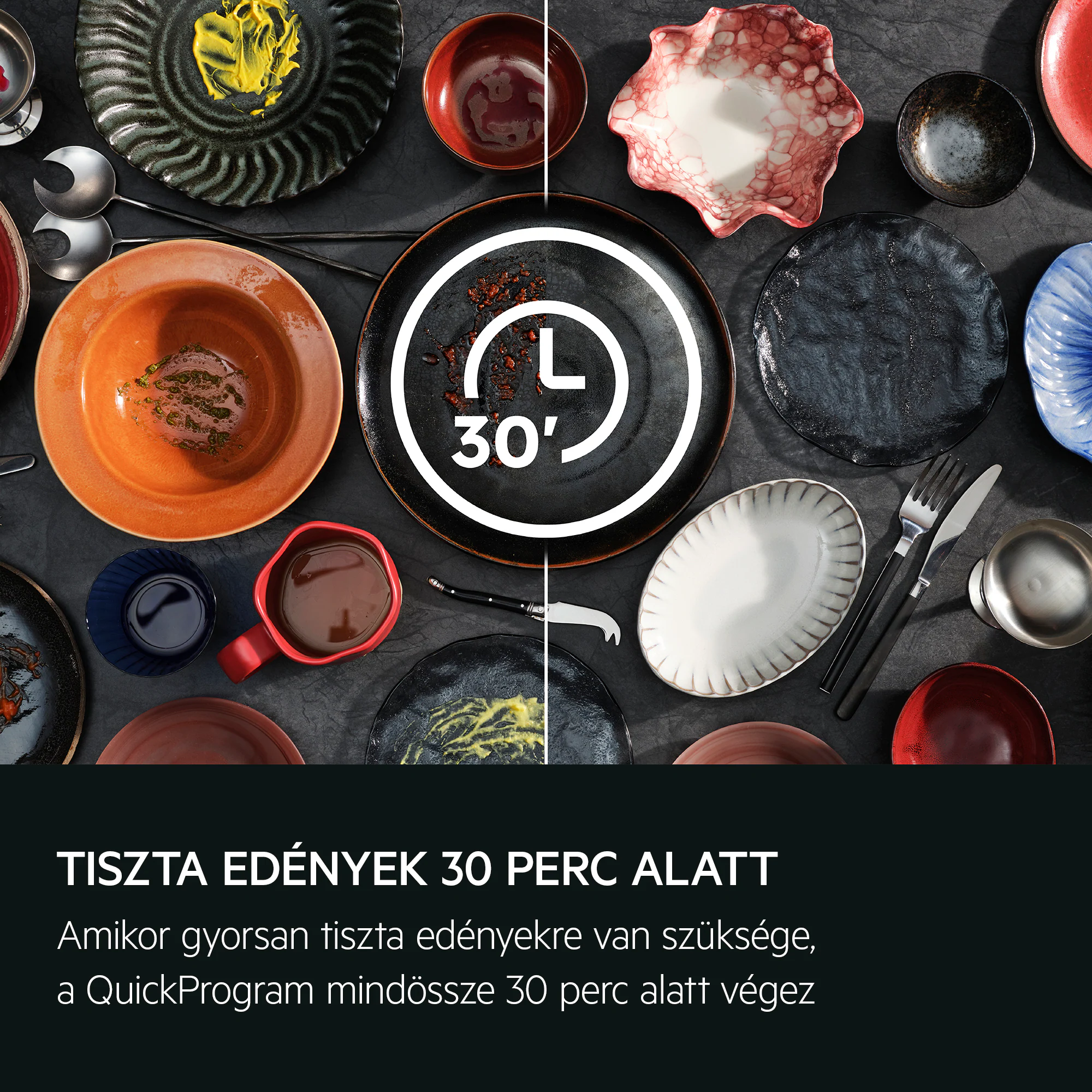 Edények mosás előtt és után, "30 perc" kijelzővel.