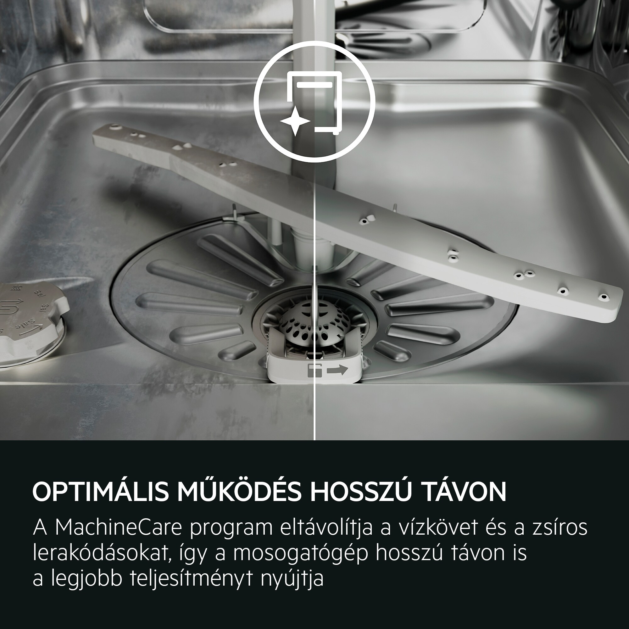 Mosogatógép belső nézete, szórókarral és szűrővel.