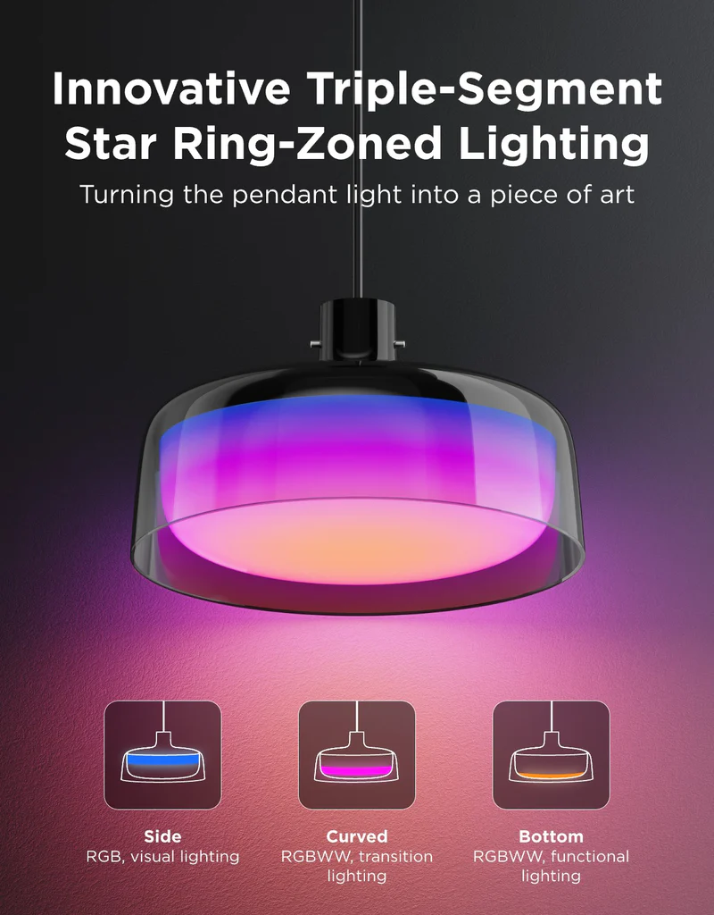 Hängeleuchte mit dreifach segmentierter Zonenbeleuchtung, zeigt RGB, RGBWW Effekte.