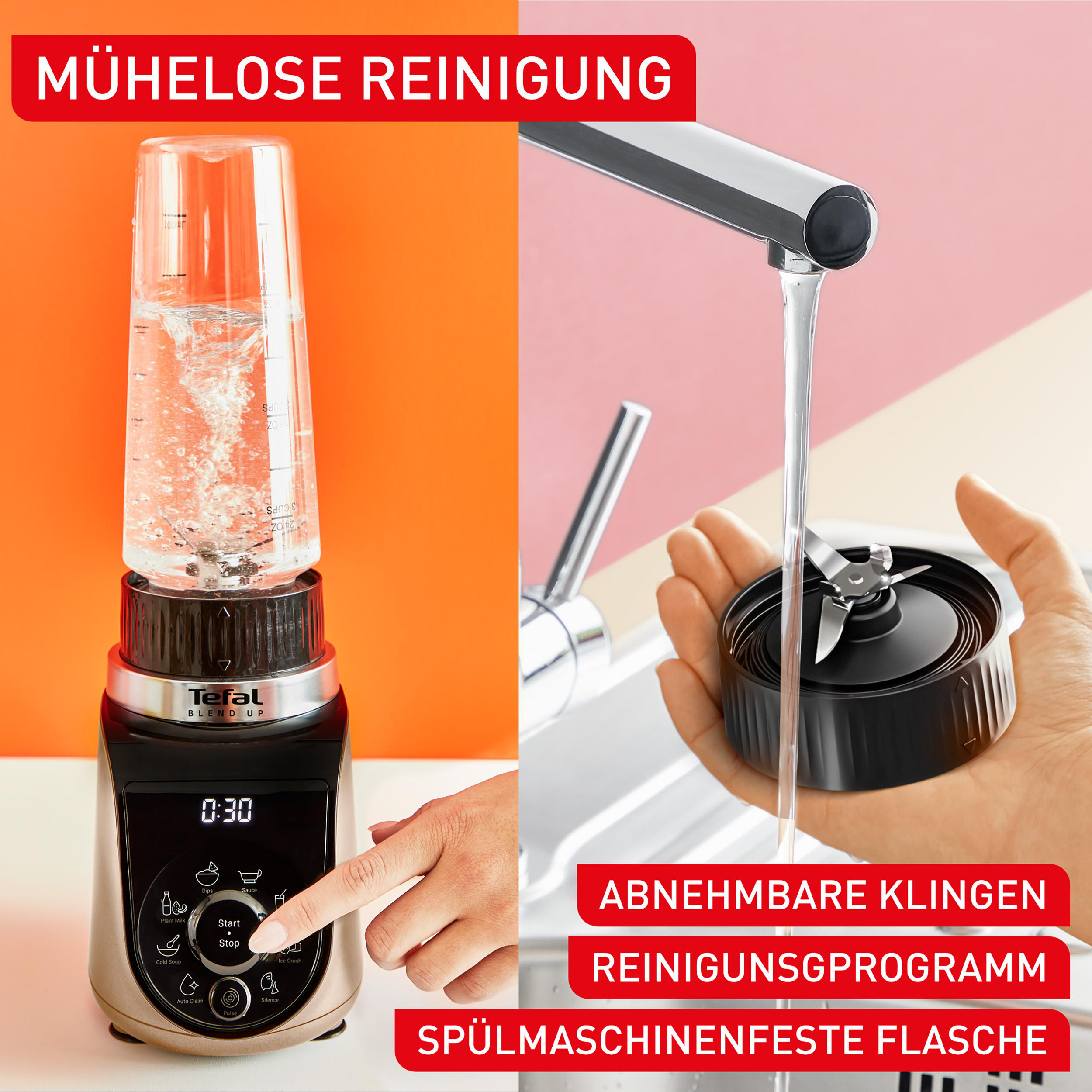 Ein Mixer mit Wasser wird gereinigt, Klingen werden abgenommen.