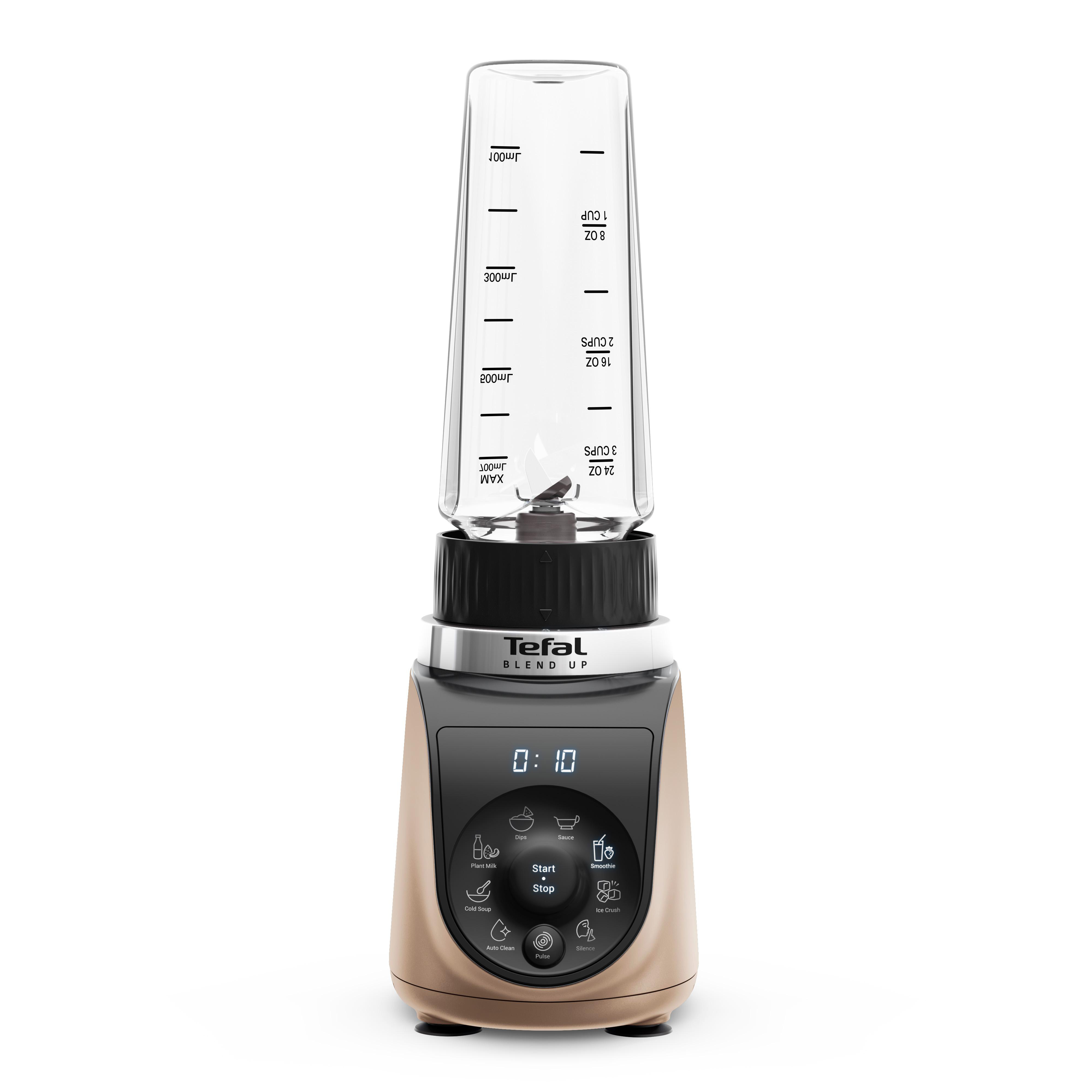 Ein goldener Tefal Standmixer mit Glasbehälter und digitaler Anzeige.
