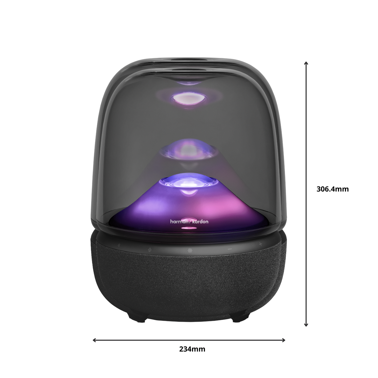Altavoz Harman Kardon Aura Studio 4 con efectos de luz, altura 306,4 mm, anchura 234 mm.