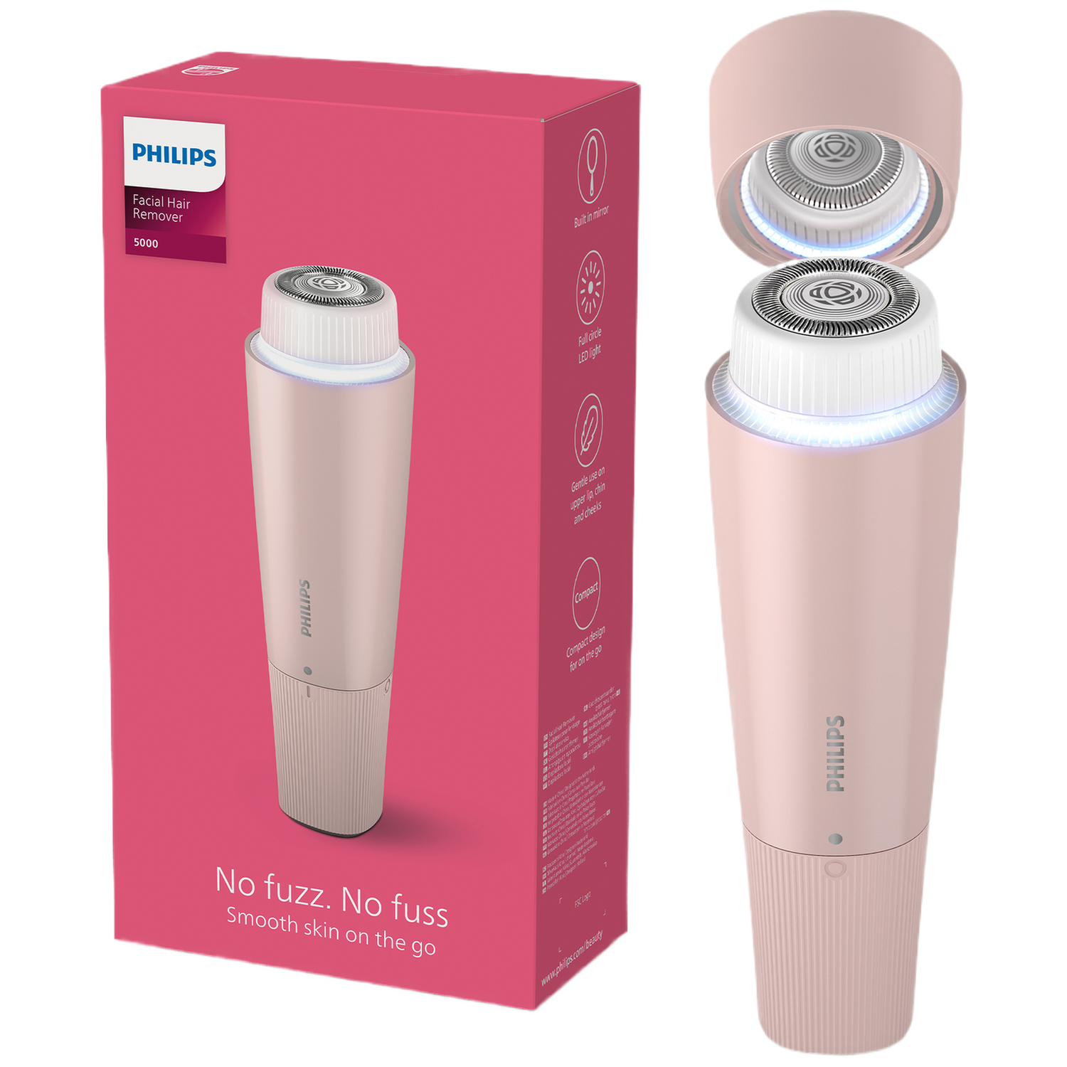 Een roze Philips gezichts ontharingsapparaat met verpakking en een open apparaat.