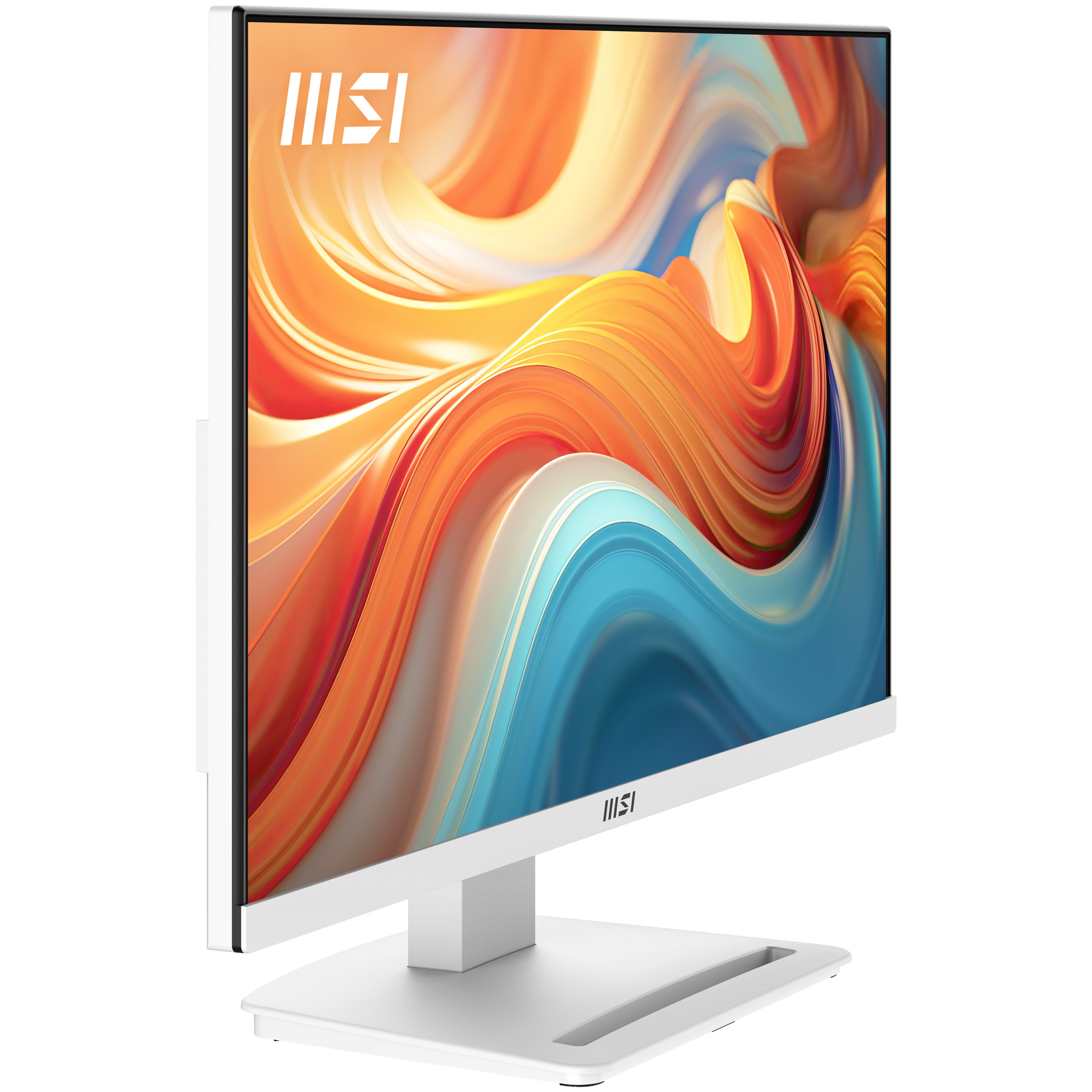 Ein weißer MSI-Monitor mit einem abstrakten, farbenfrohen Hintergrund auf dem Bildschirm.