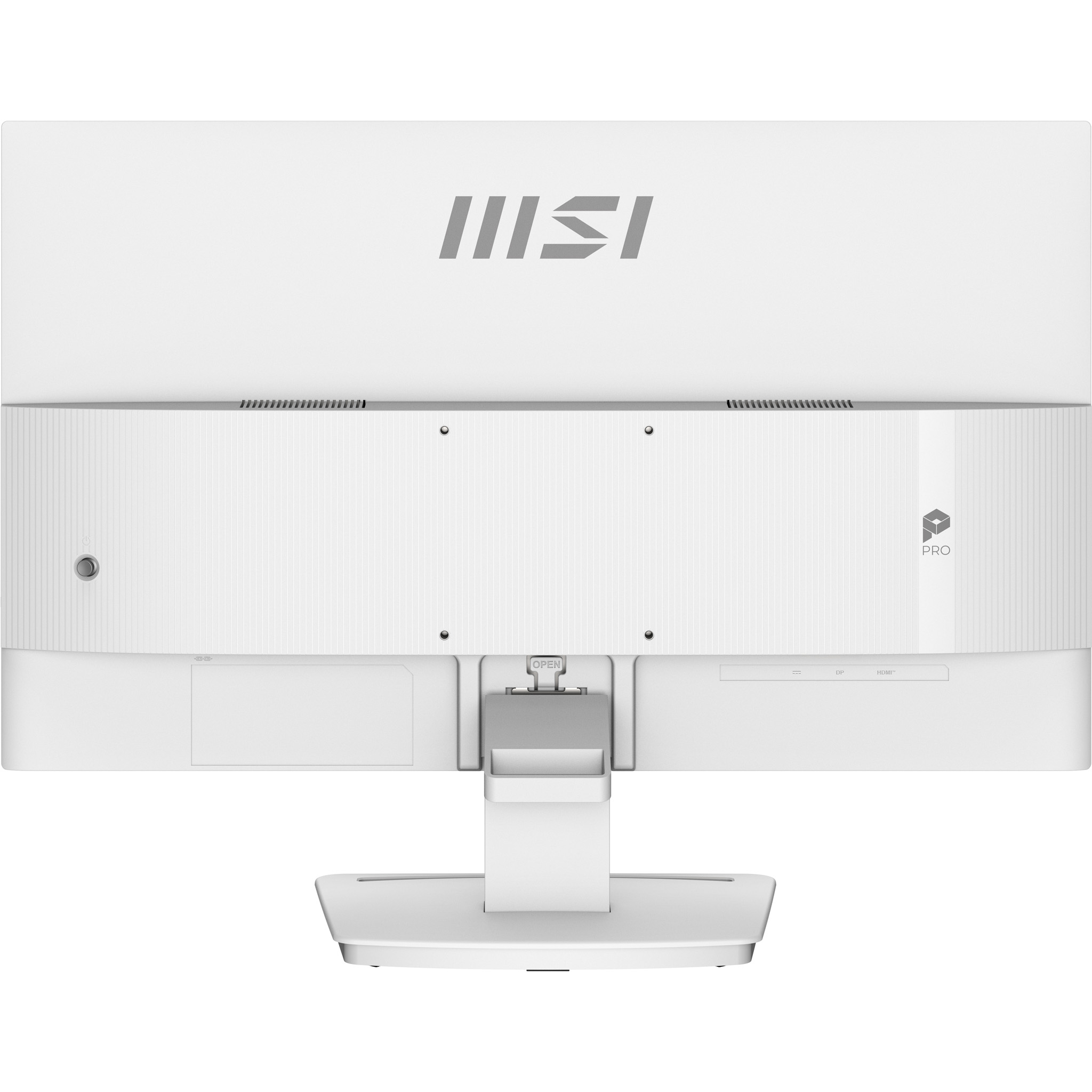 Rückseite eines weißen MSI Monitors mit Anschlüssen und Logo.