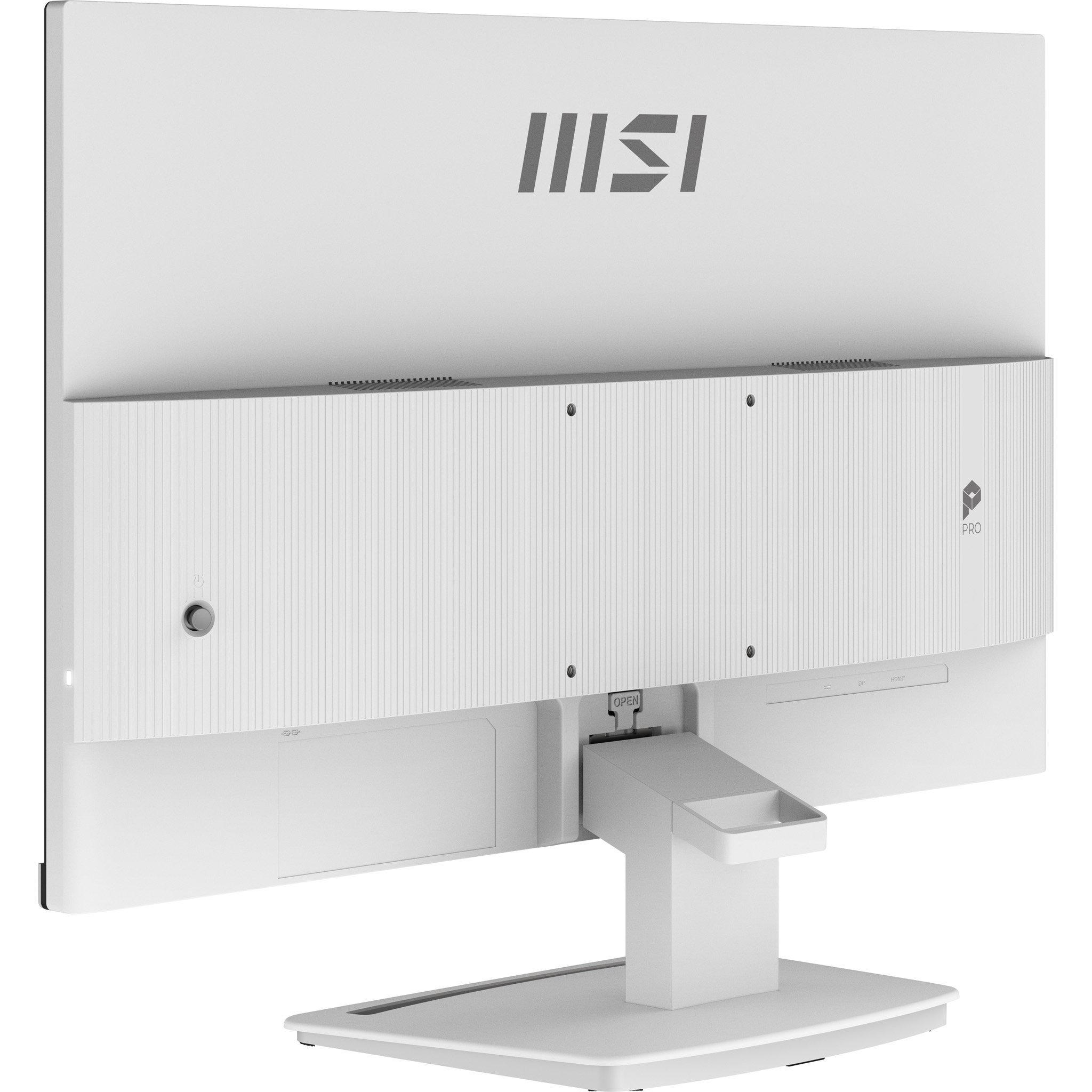 Rückansicht eines weißen MSI Pro Monitors mit Ständer, zeigt Rückwand, Anschlüsse und MSI-Logo.