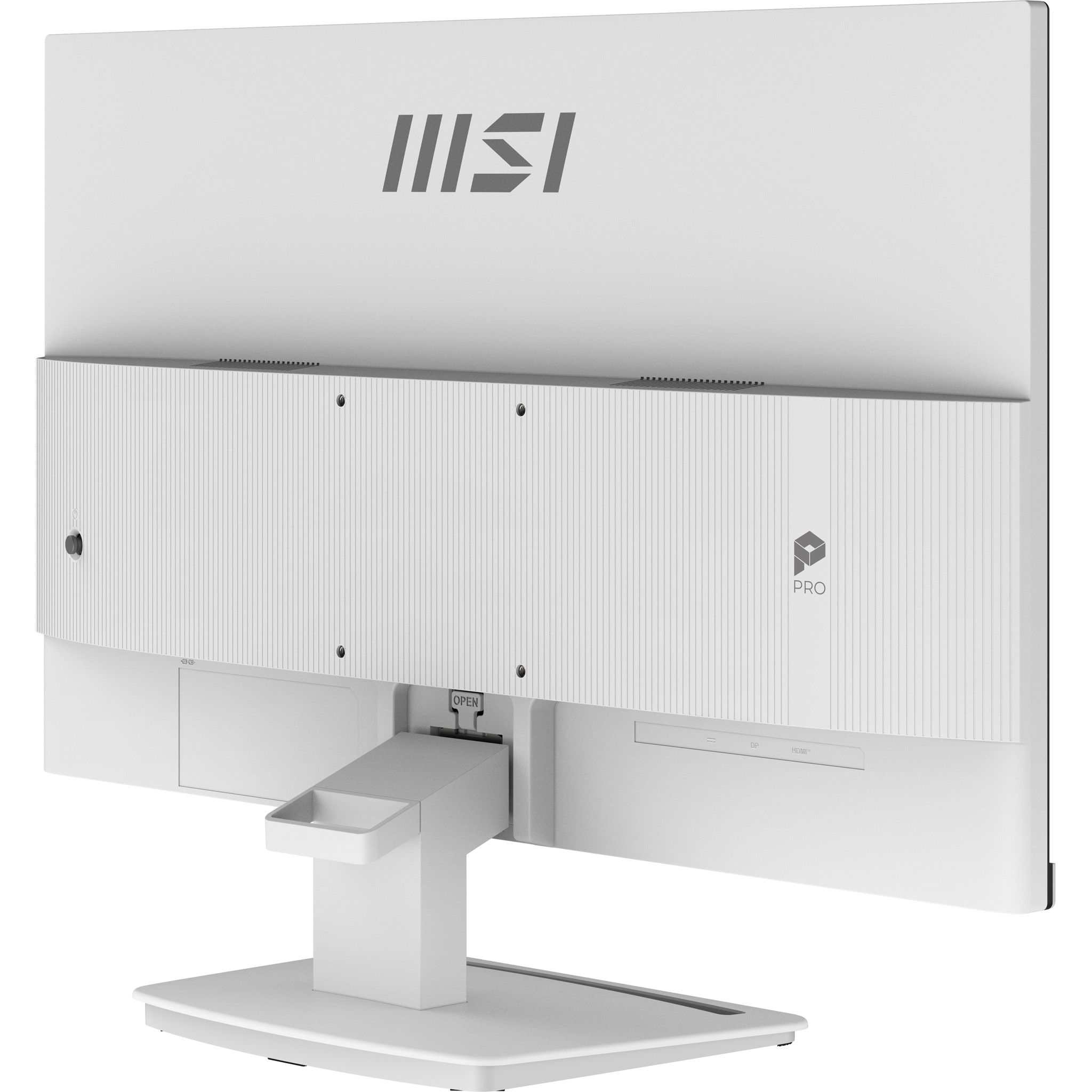Weiße MSI-Monitor-Rückseite mit vertikalen Rillen, Anschlüssen und Standfuß.