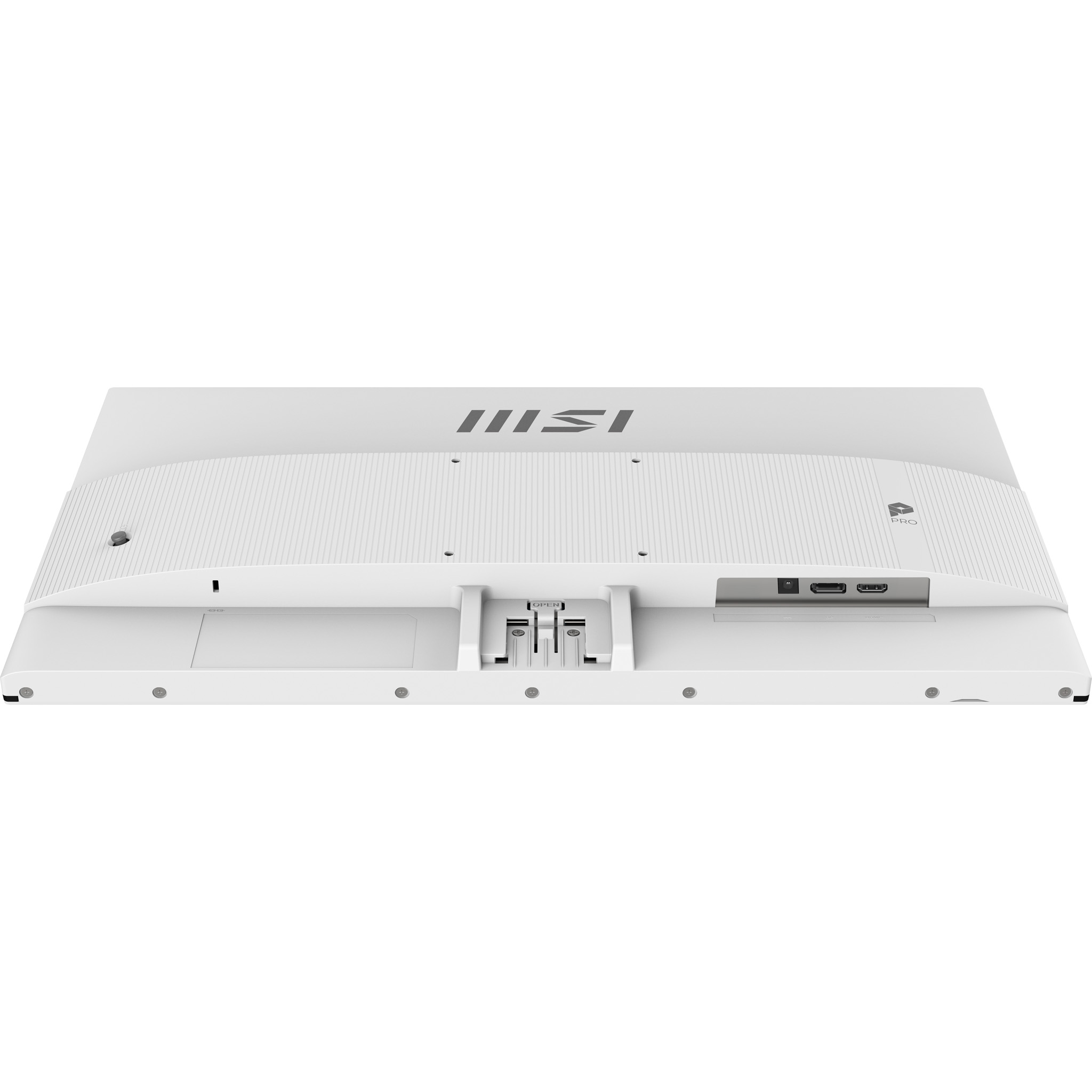 Rückseite eines weißen Monitors mit Anschlüssen und MSI-Logo.