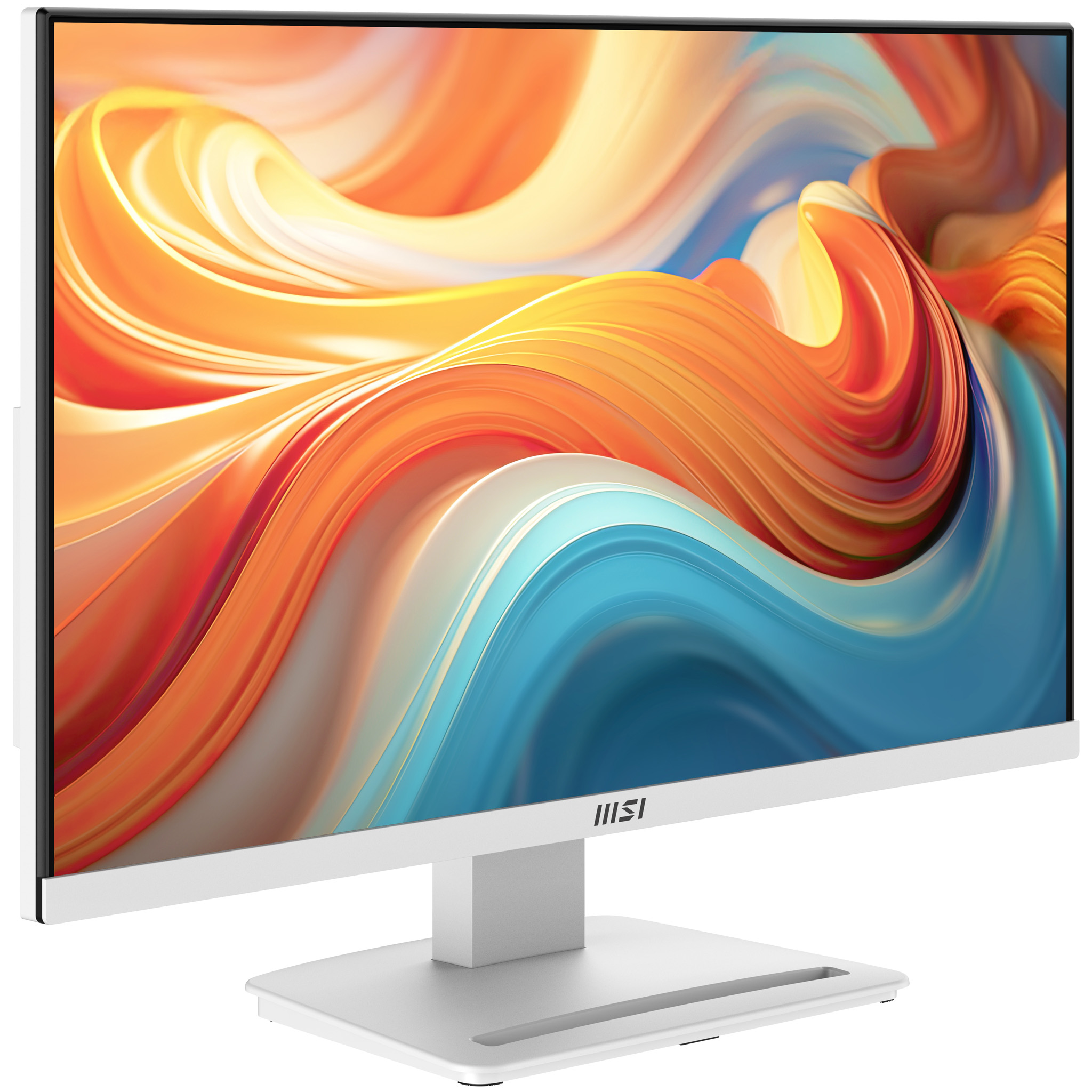 Ein moderner weißer Monitor mit einem bunten, abstrakten Hintergrundbild.