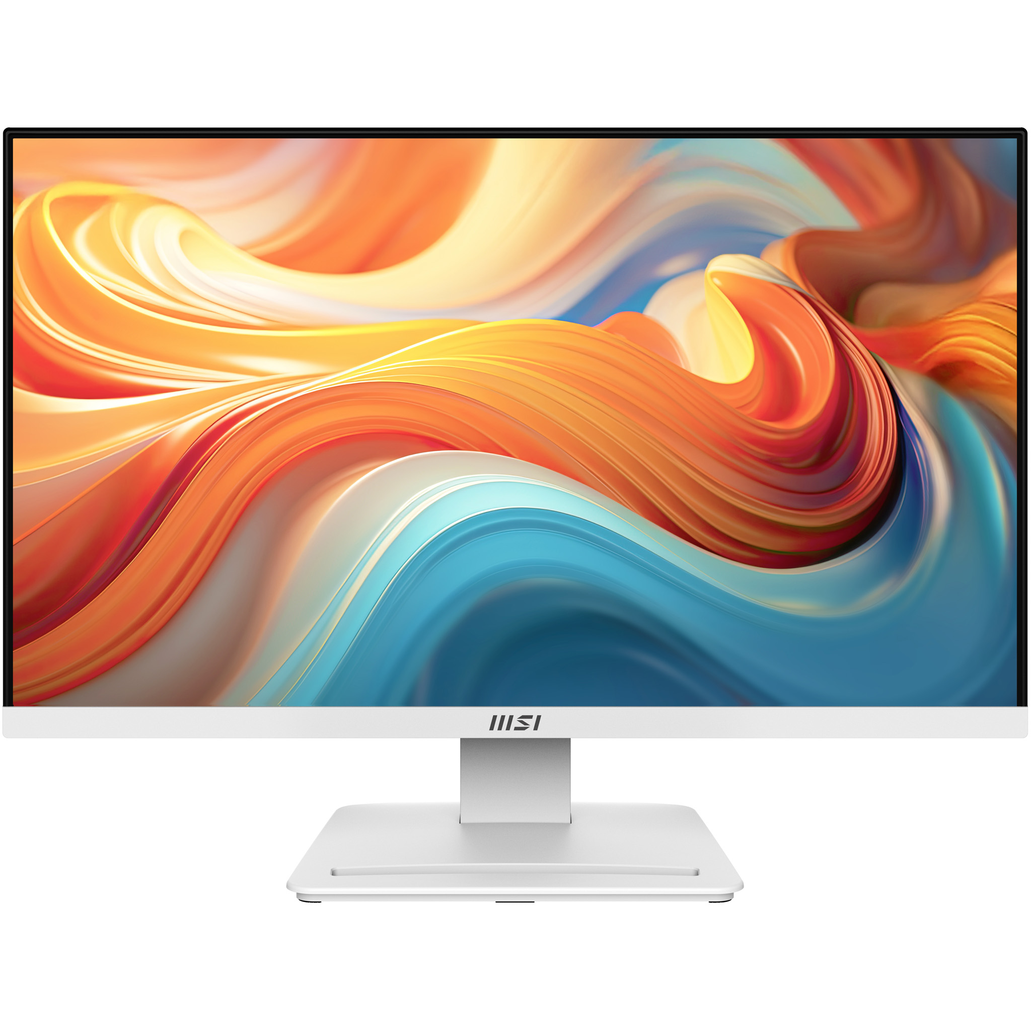 Ein weißer Monitor mit einem abstrakten, geschwungenen Hintergrund in Orange- und Blautönen.