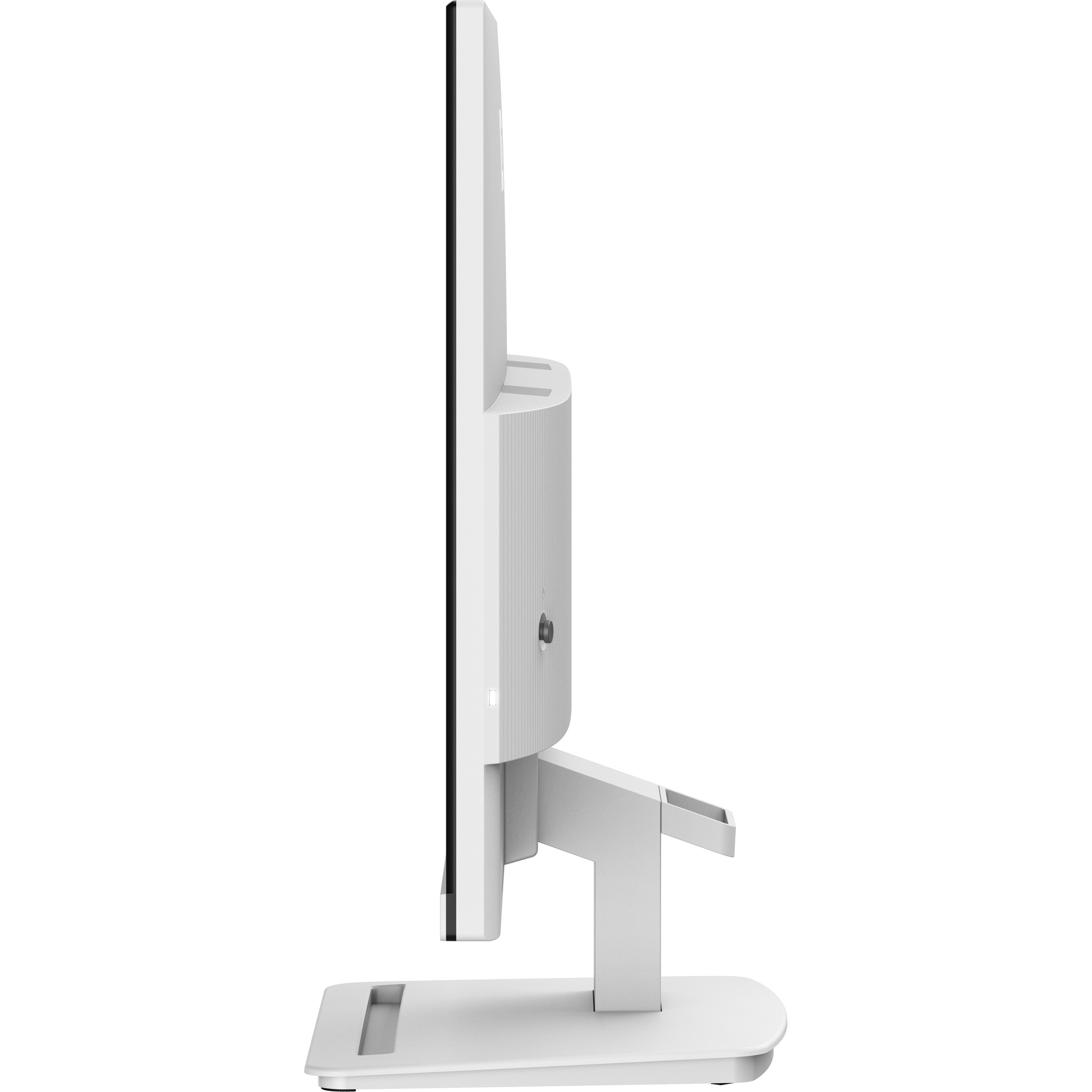 Ein weißer Monitor mit einem schlanken Bildschirm und einem verstellbaren Ständer.
