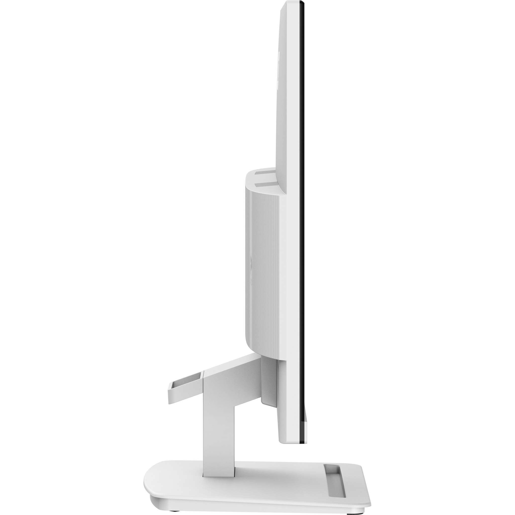 Ein weißer Monitor steht auf einem Ständer vor einem weißen Hintergrund.